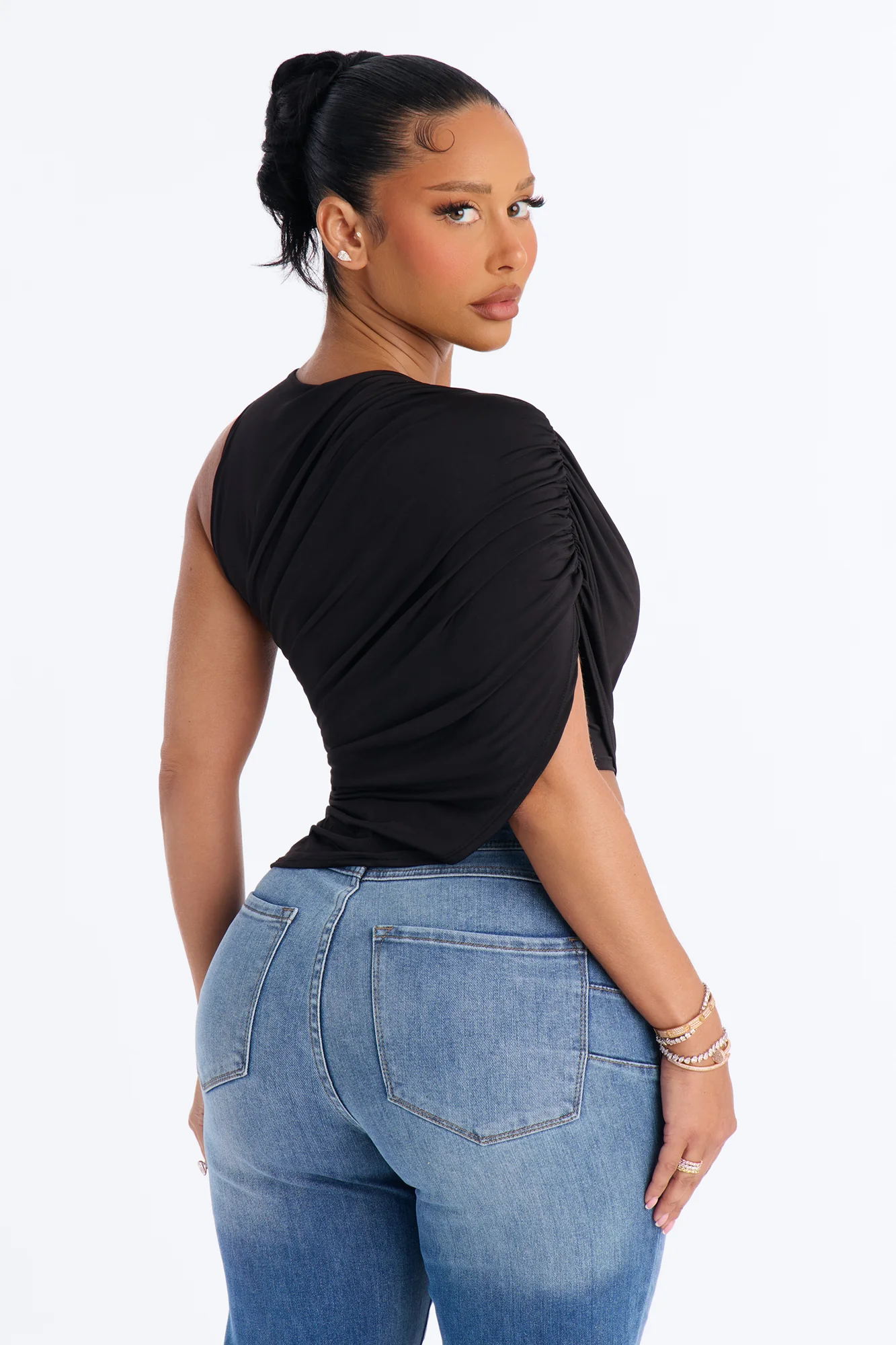 Laura Ruched Asymmetrical Short Sleeve Top - Black - Image 4