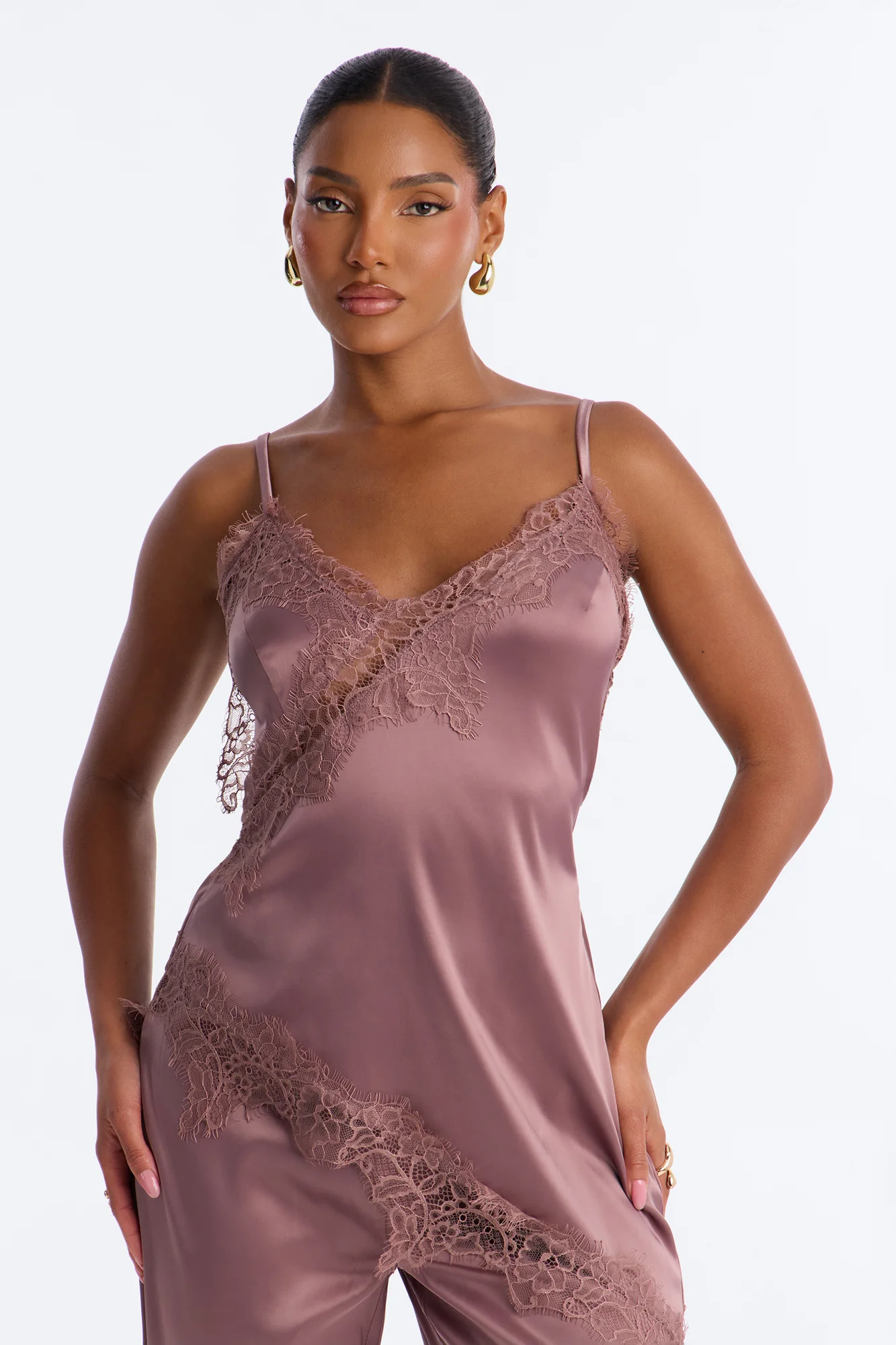 Lea Lace Trim Satin Jumpsuit - Brown - Image 2