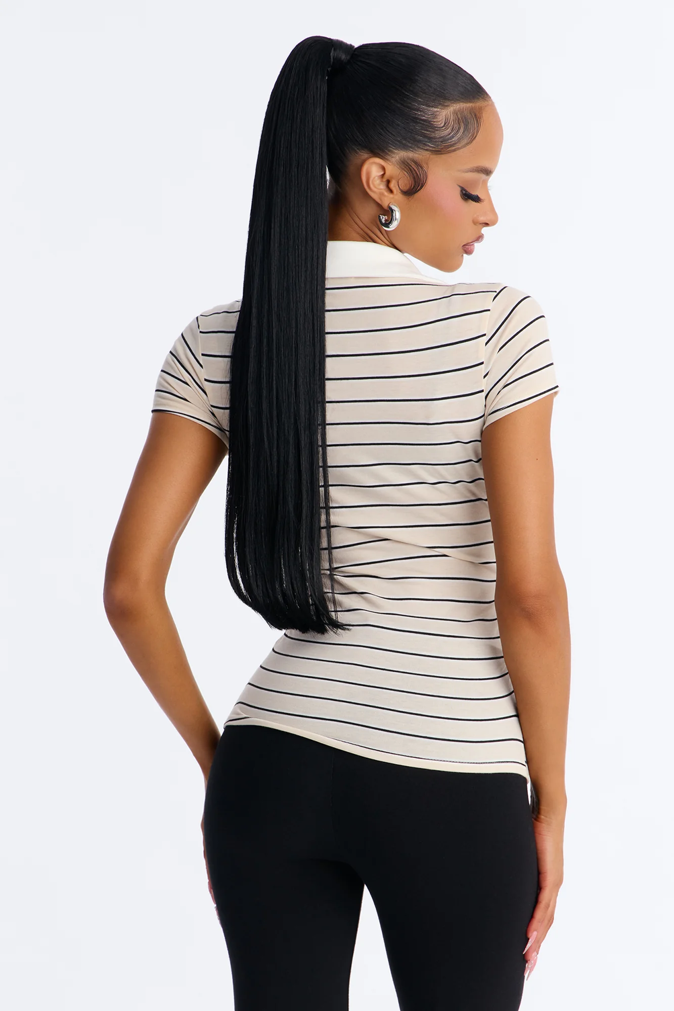 Leena Striped Short Sleeve Polo Top - Taupe/combo - Image 4