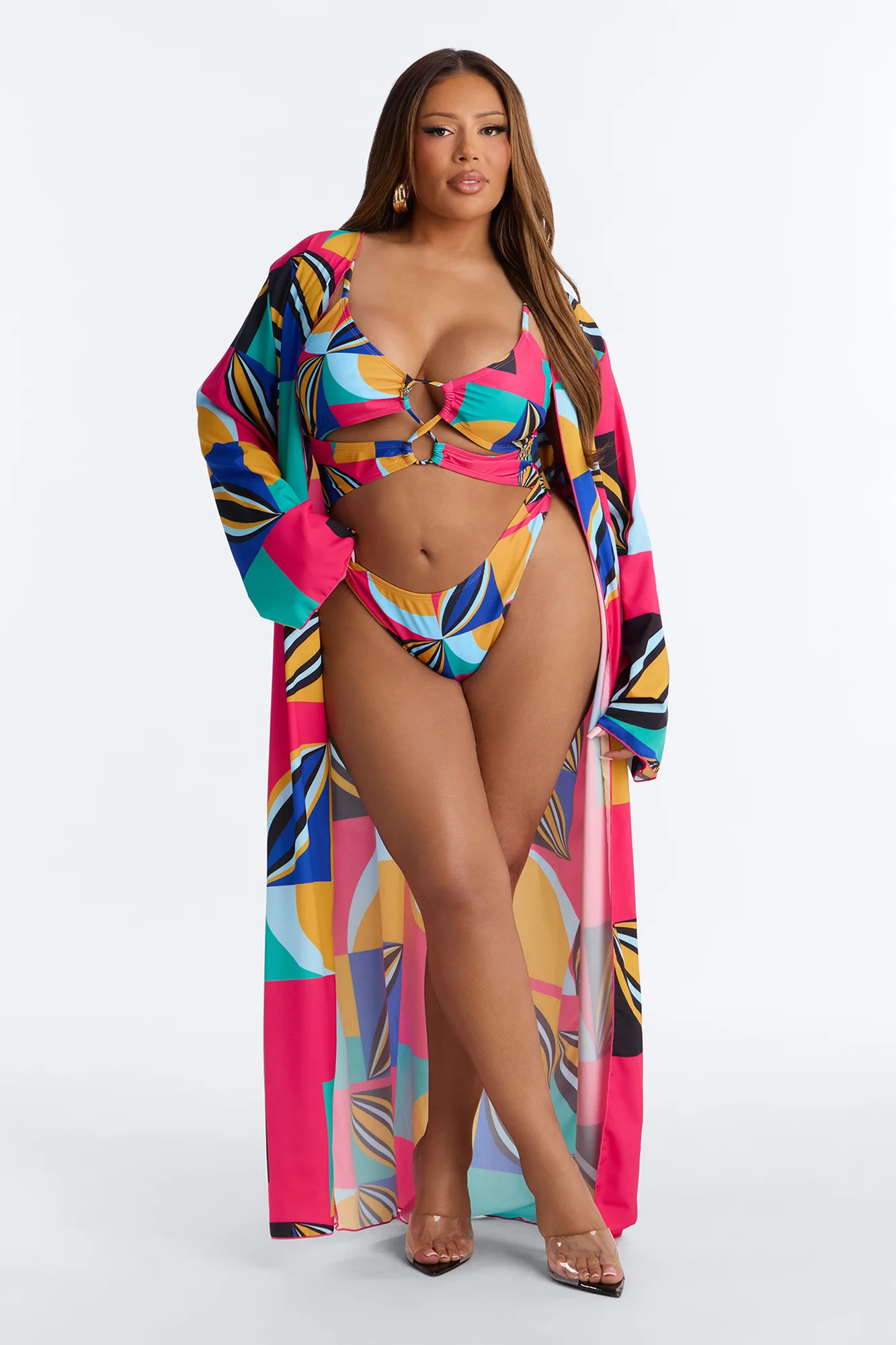 Leila Abstract Cut Out 1 Piece Swimsuit With Swim Cover Up Kimono - Multi Color - Image 7