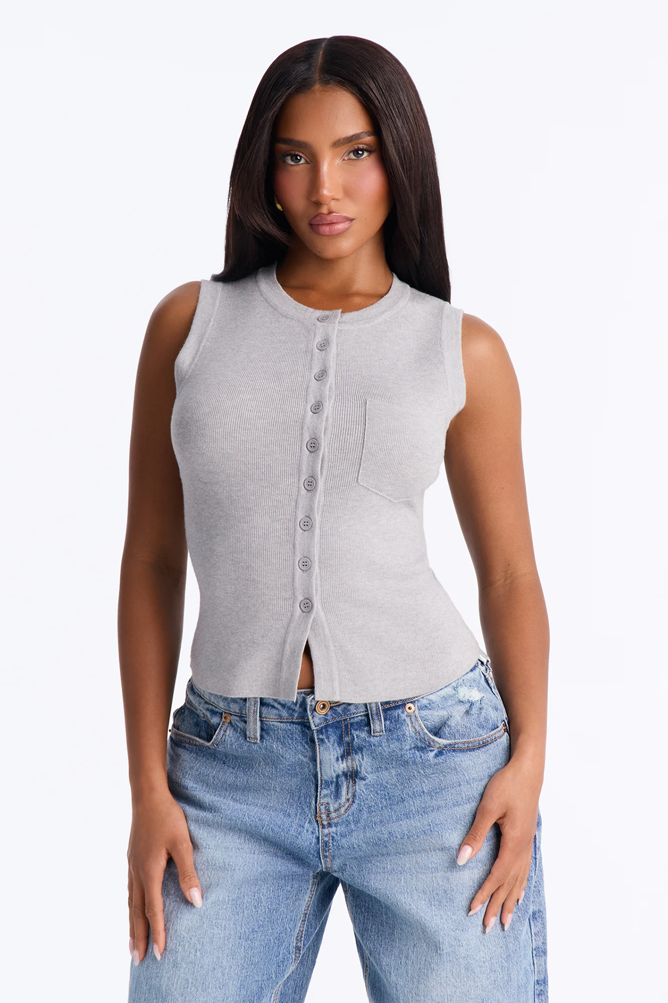 Leona Button Up Sweater Top - Heather Grey