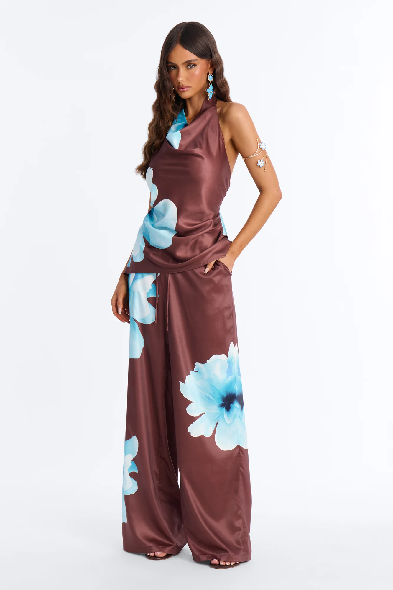 Leora Satin Halter Cowl Neck Top - Brown Combo - Image 2