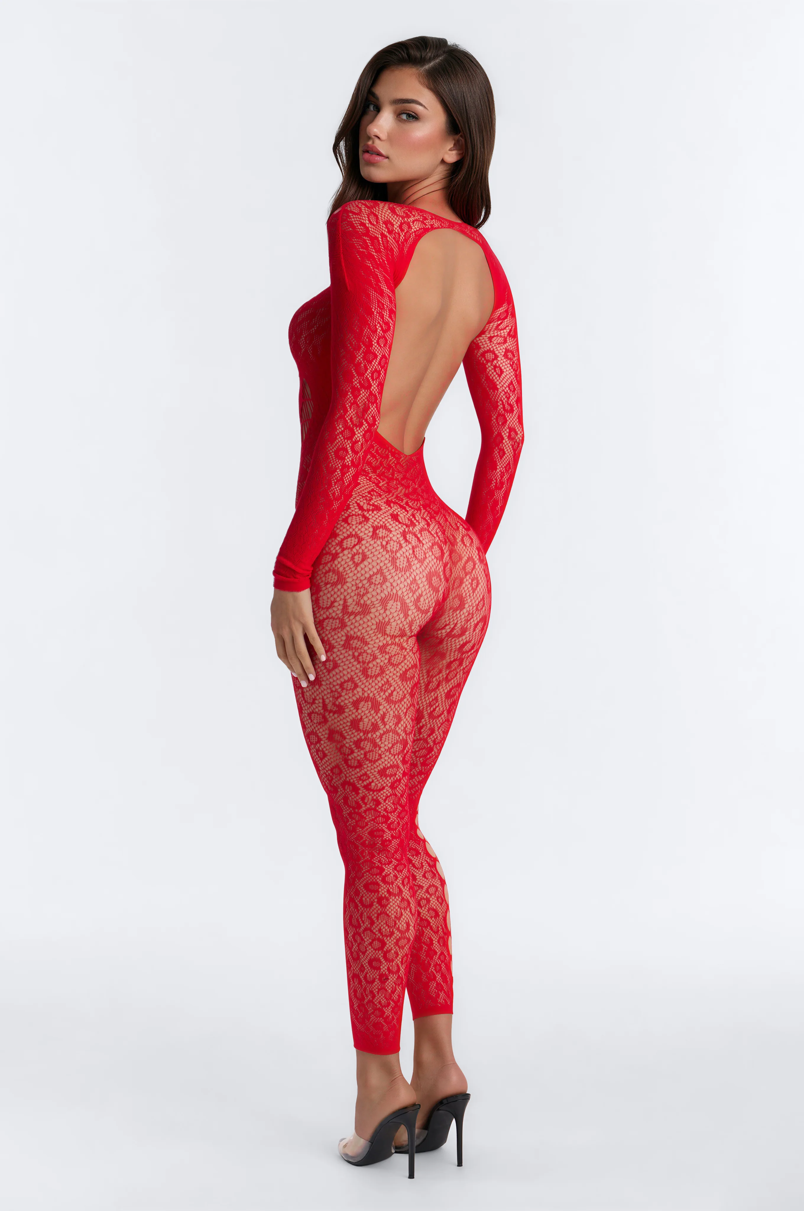 Lexie Leopard Fishnet Jumpsuit Bodystocking - Red - Image 3
