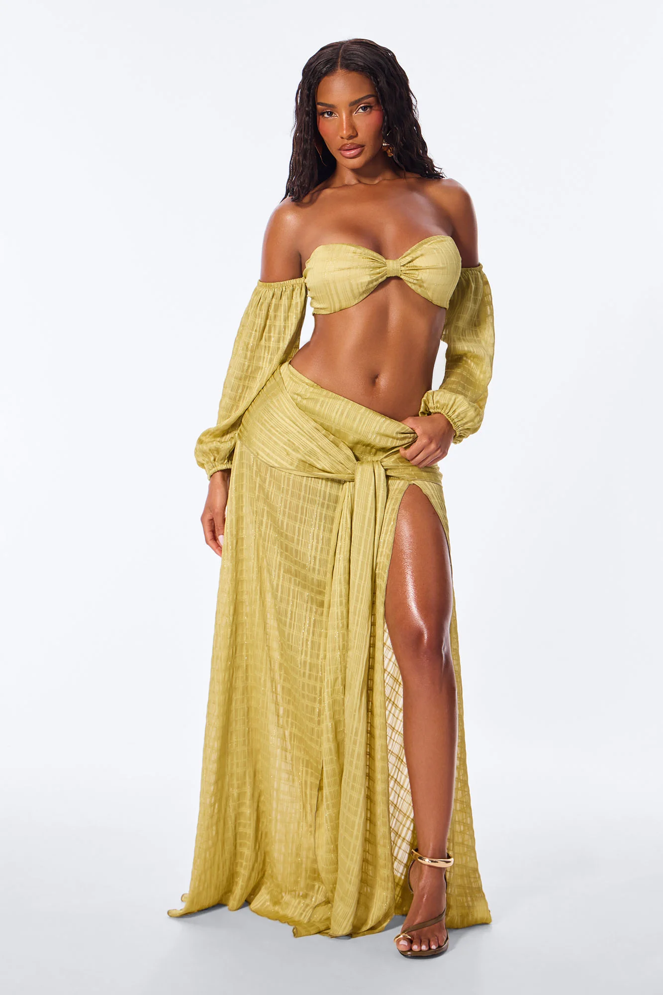 Lia Off Shoulder Maxi Skirt Set - Chartreuse