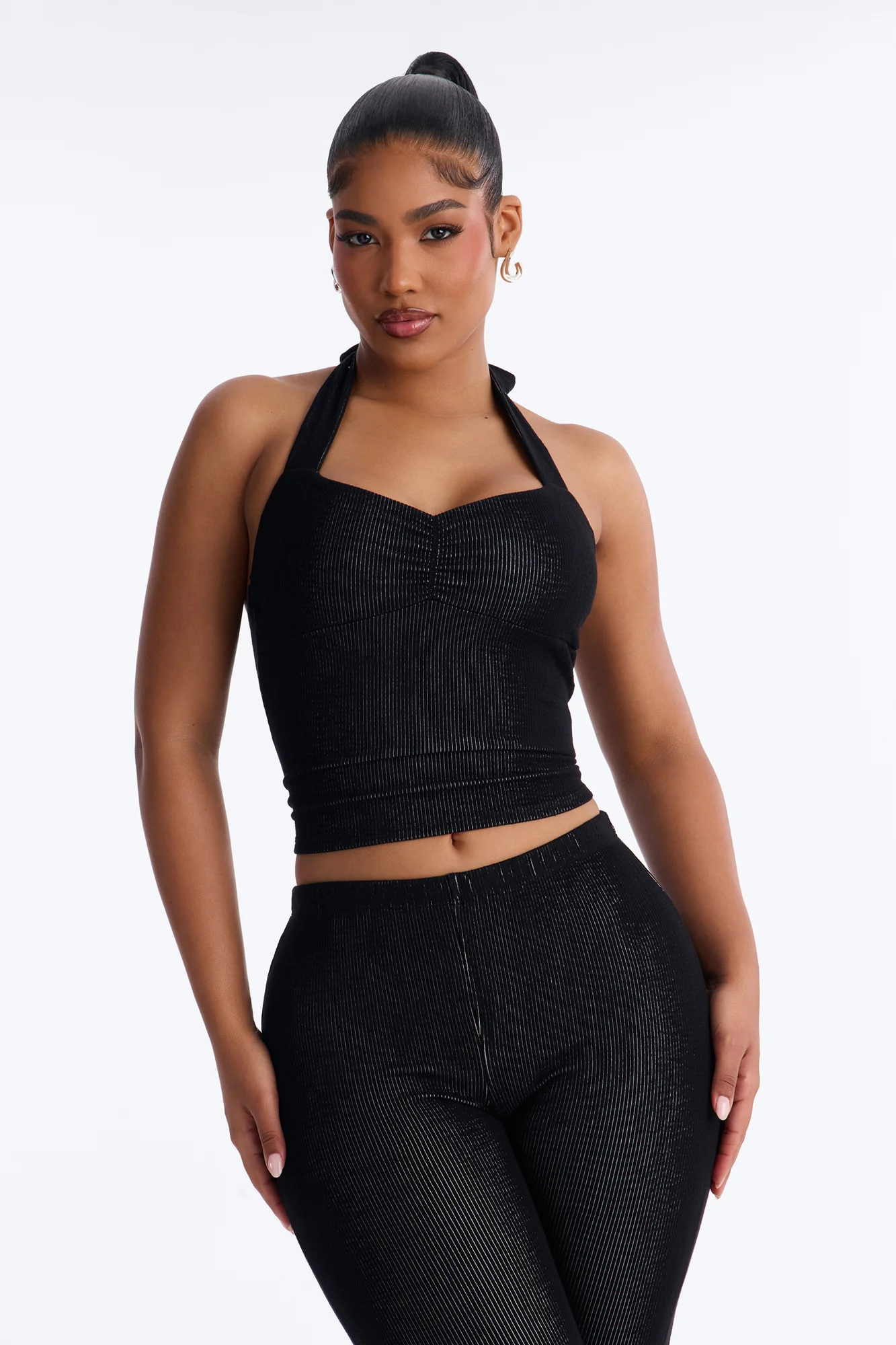 Liana Halter Ribbed Capri Set - Black - Image 2