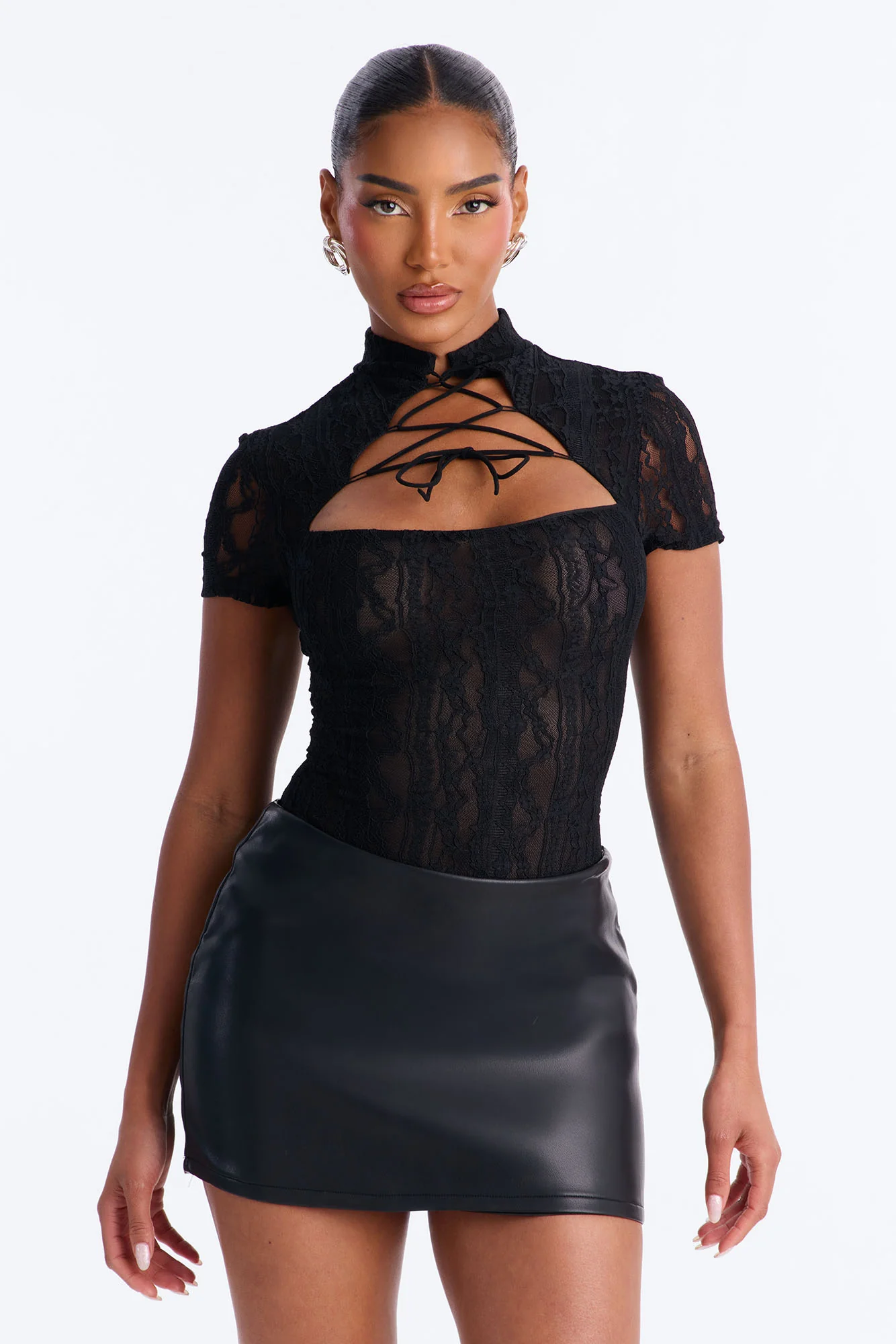 Lianne Lace Mock Neck Bodysuit - Black - Image 3