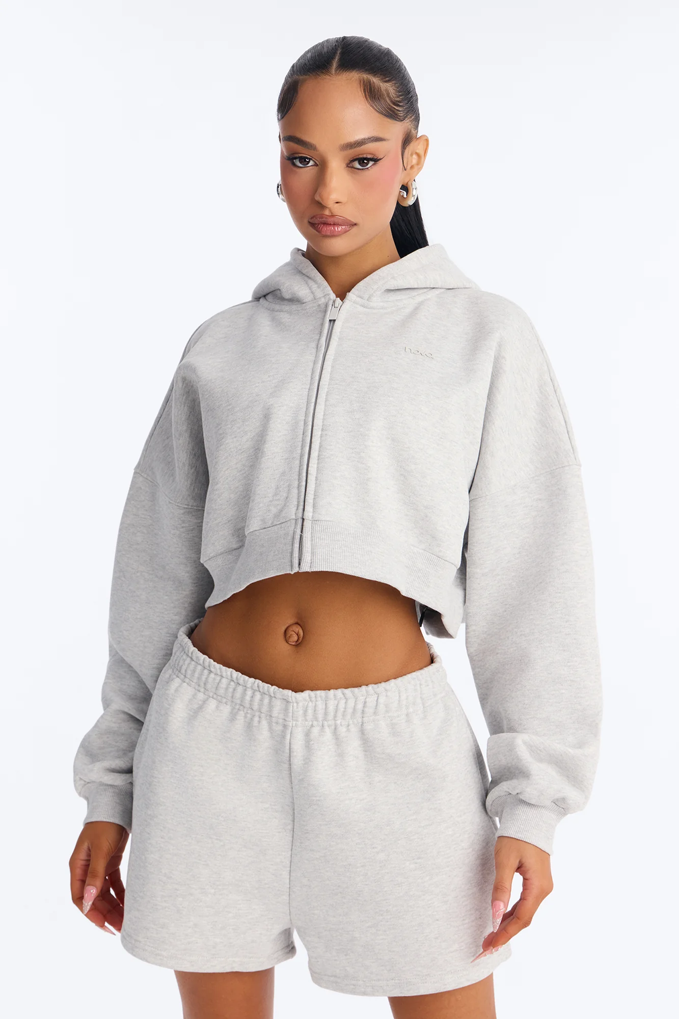 Libby Boxy Crop Zip Hoodie Fleece Sweatshirt - Heather Grey