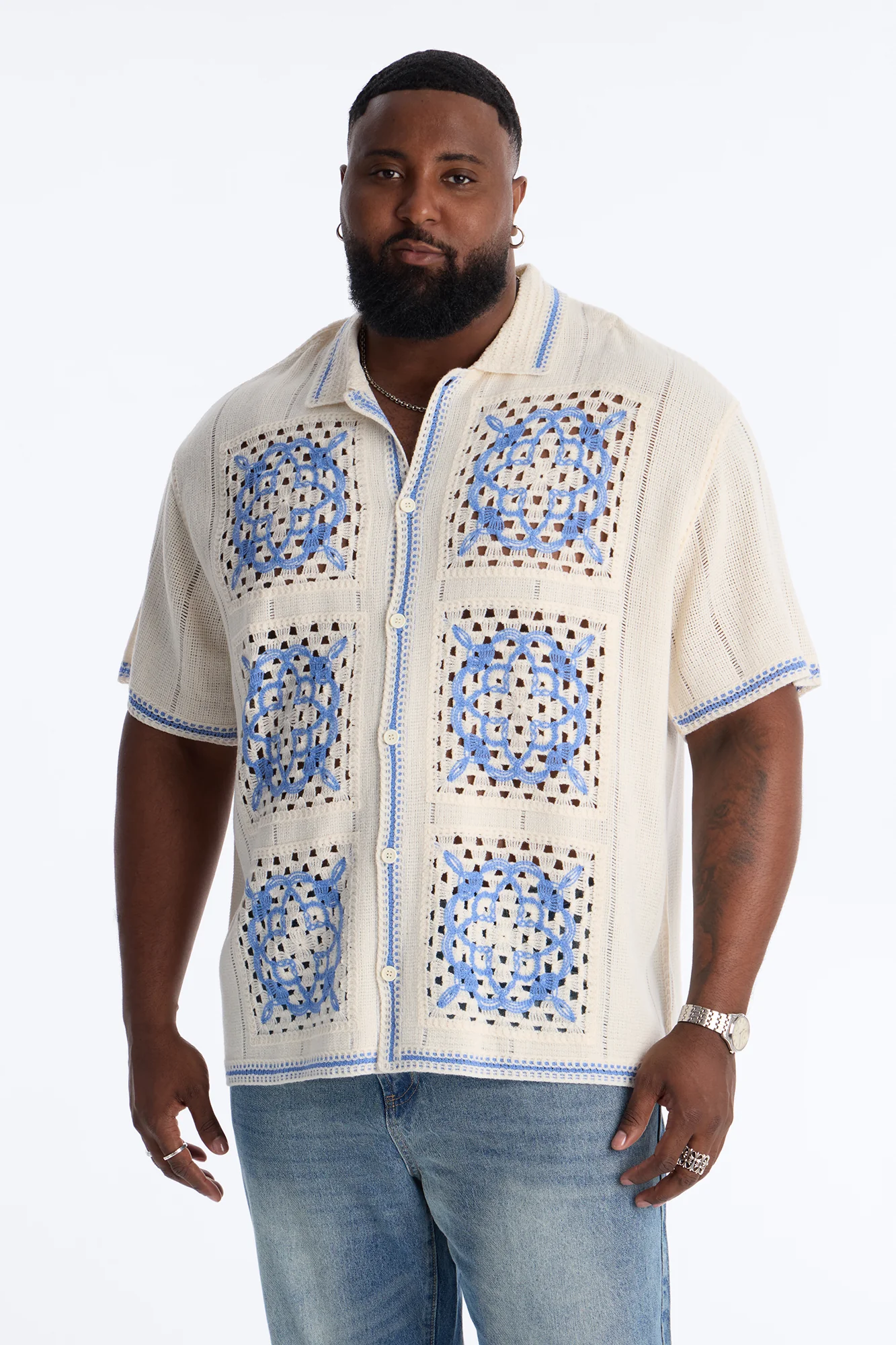 Lido Isle Crochet Button Up Shirt - Cream - Image 5