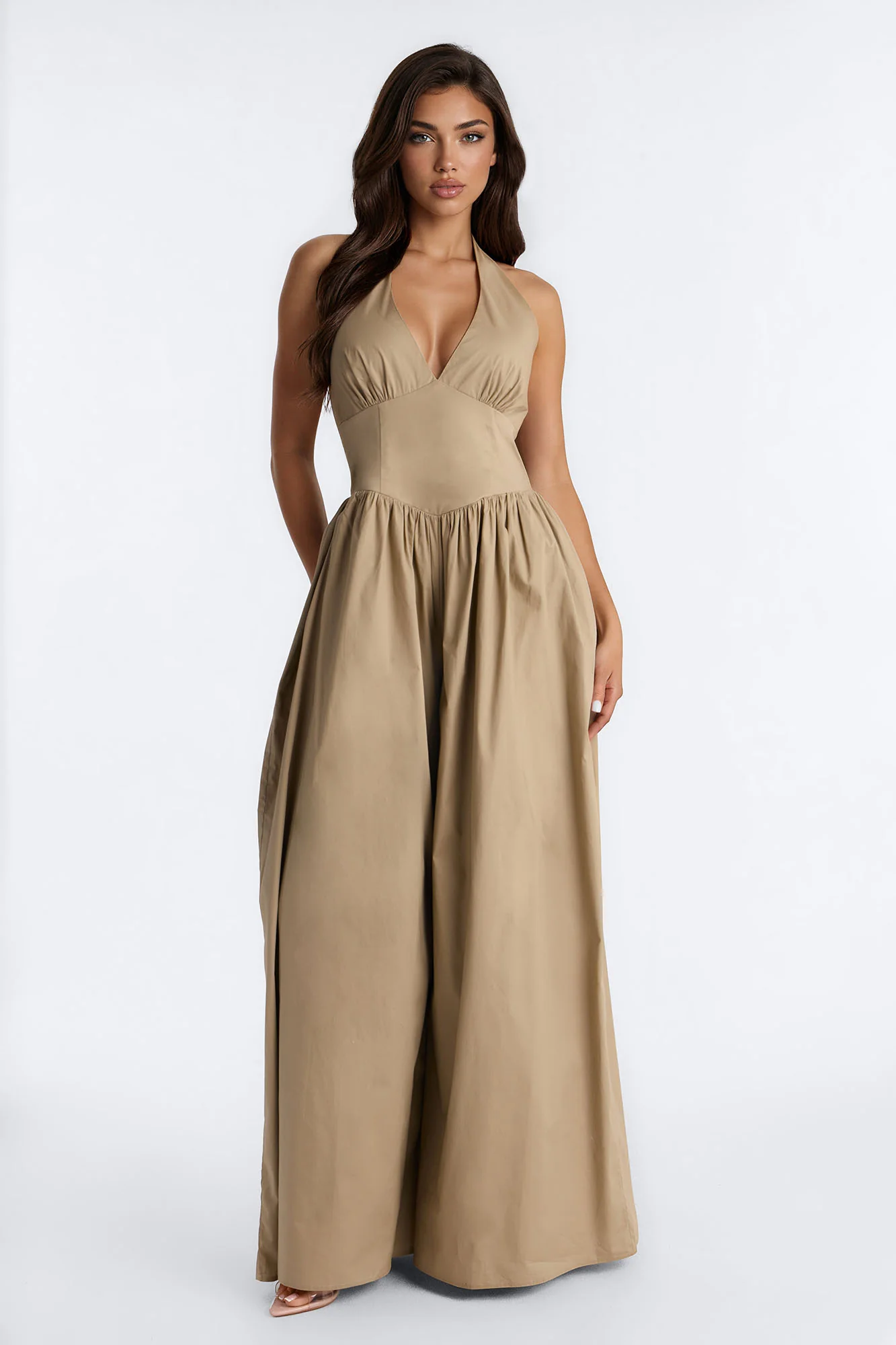Lighter Than Air Poplin Halter Jumpsuit - Khaki