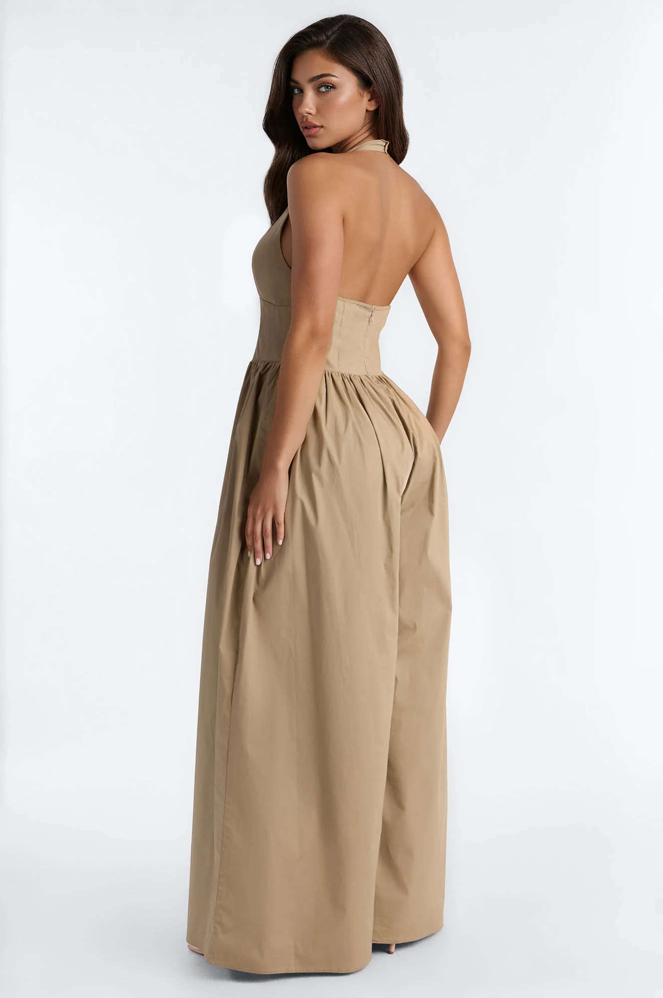 Lighter Than Air Poplin Halter Jumpsuit - Khaki - Image 4