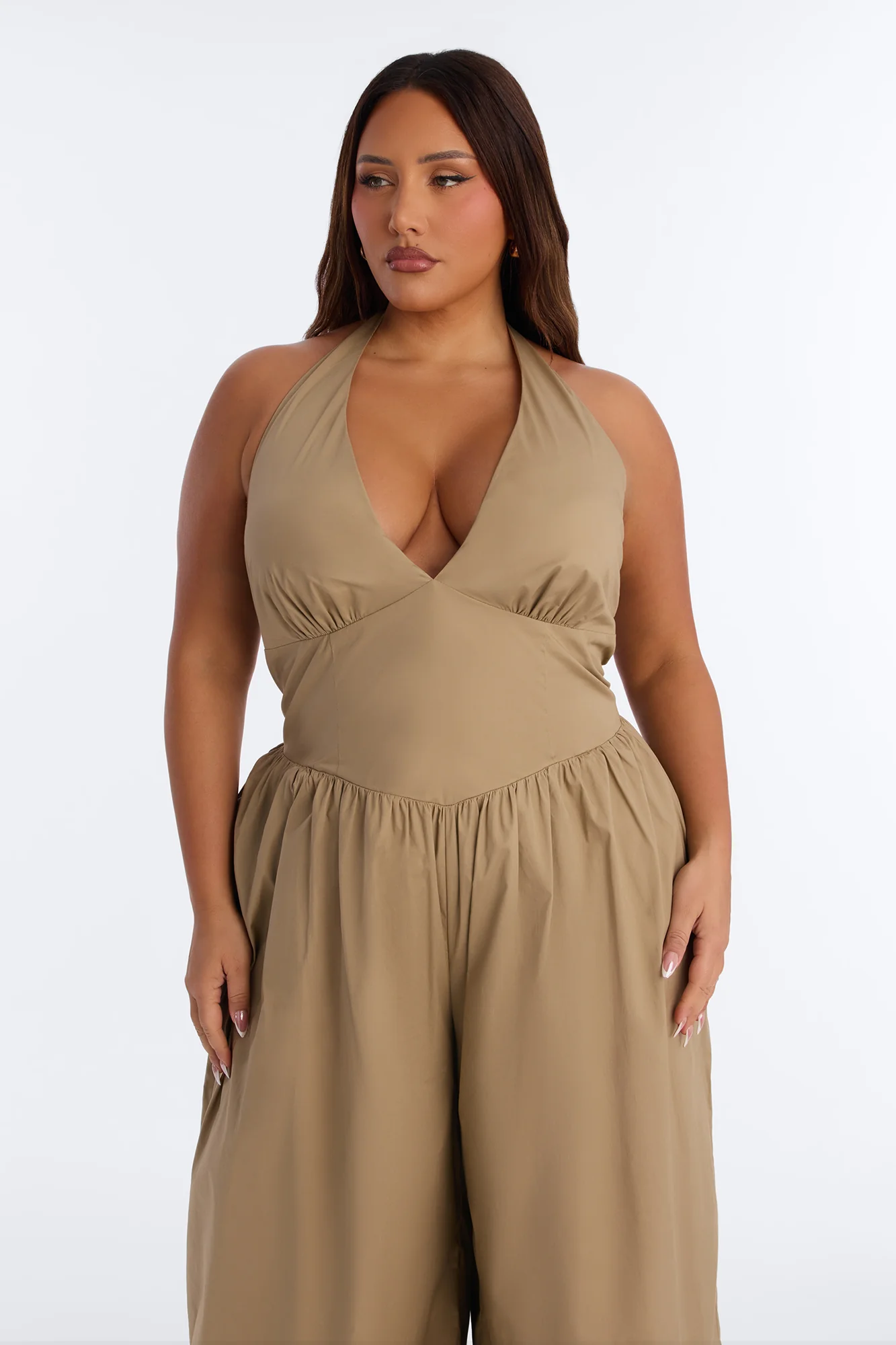 Lighter Than Air Poplin Halter Jumpsuit - Khaki - Image 6
