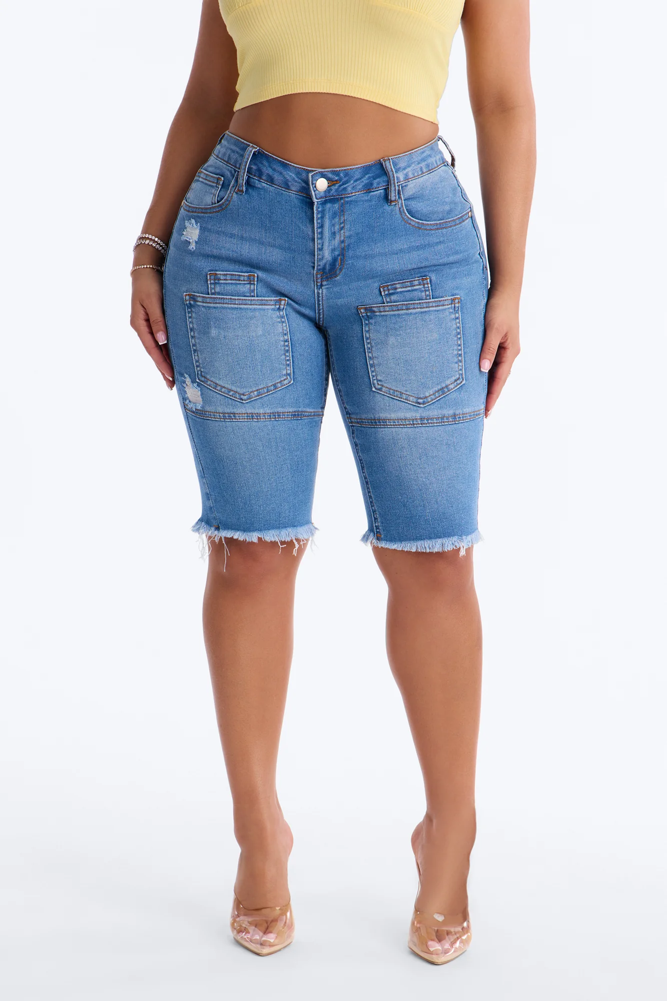 Like That Fray Hem Denim Bermuda Shorts - Medium Wash - Image 2