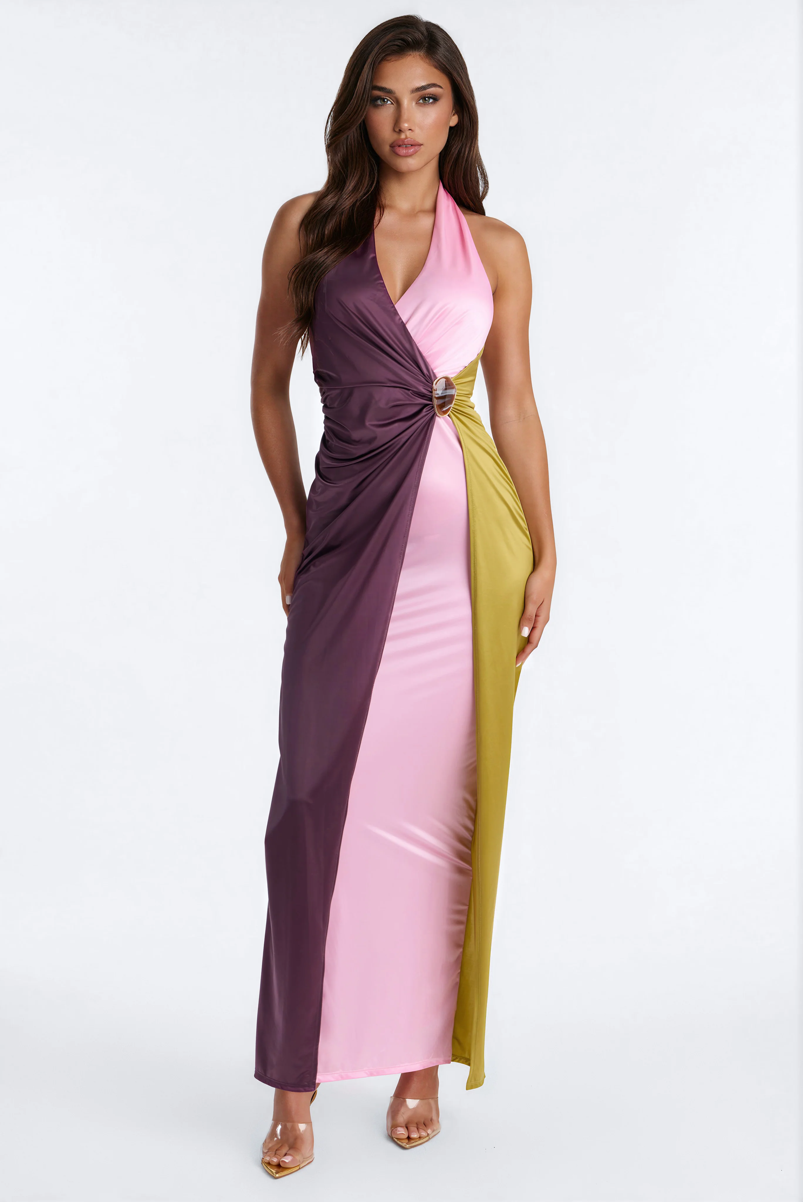 Lilia Satin Colorblock Maxi Dress - Mauve/combo