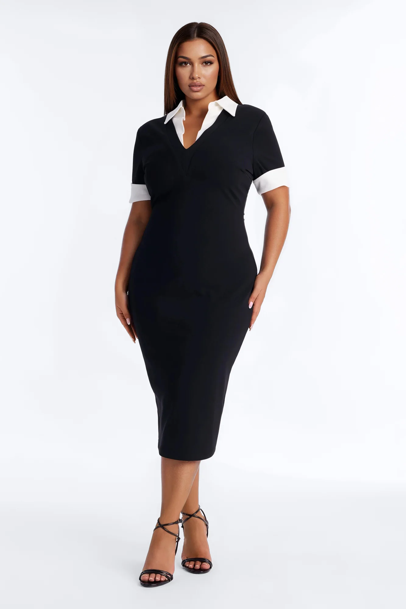 Lilliana Collared Short Sleeve Midi Dress - Black/White - Image 5