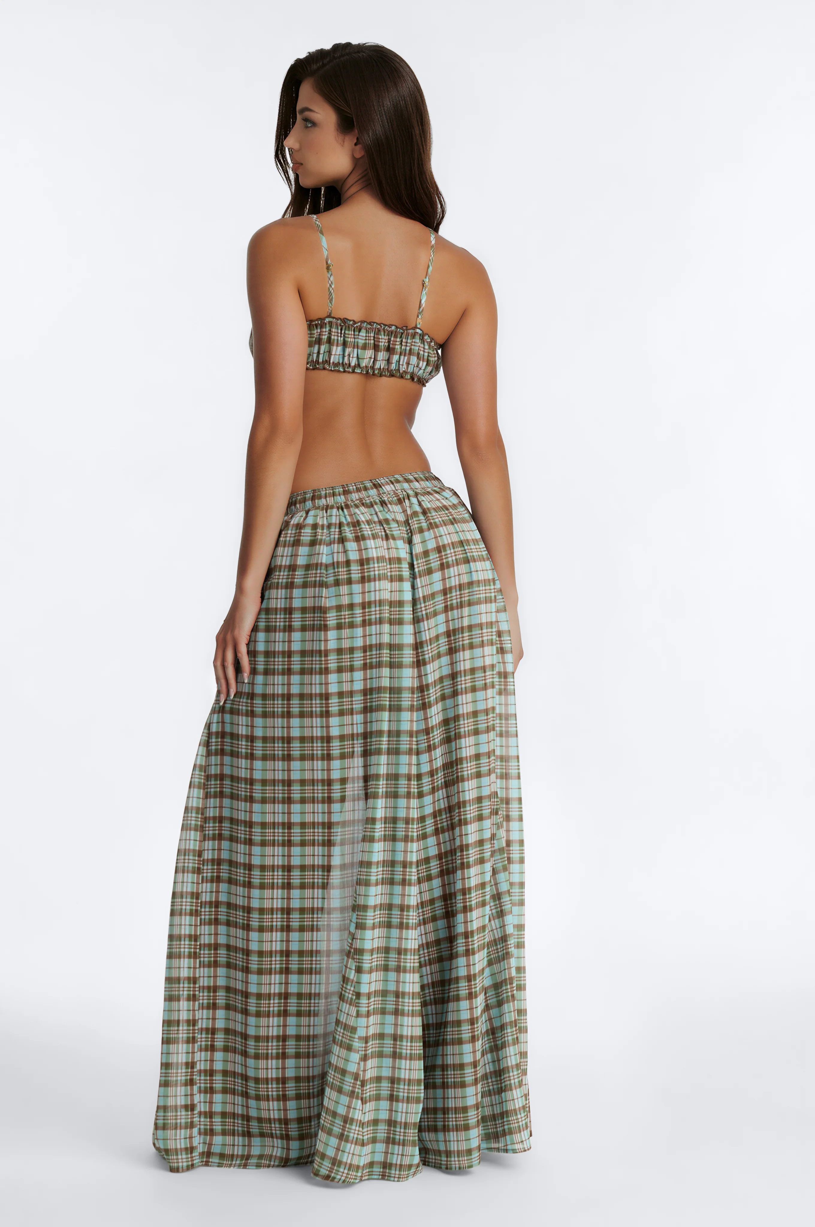 Lily Chiffon Gingham Bra Top And Pant Set - Green/combo - Image 4