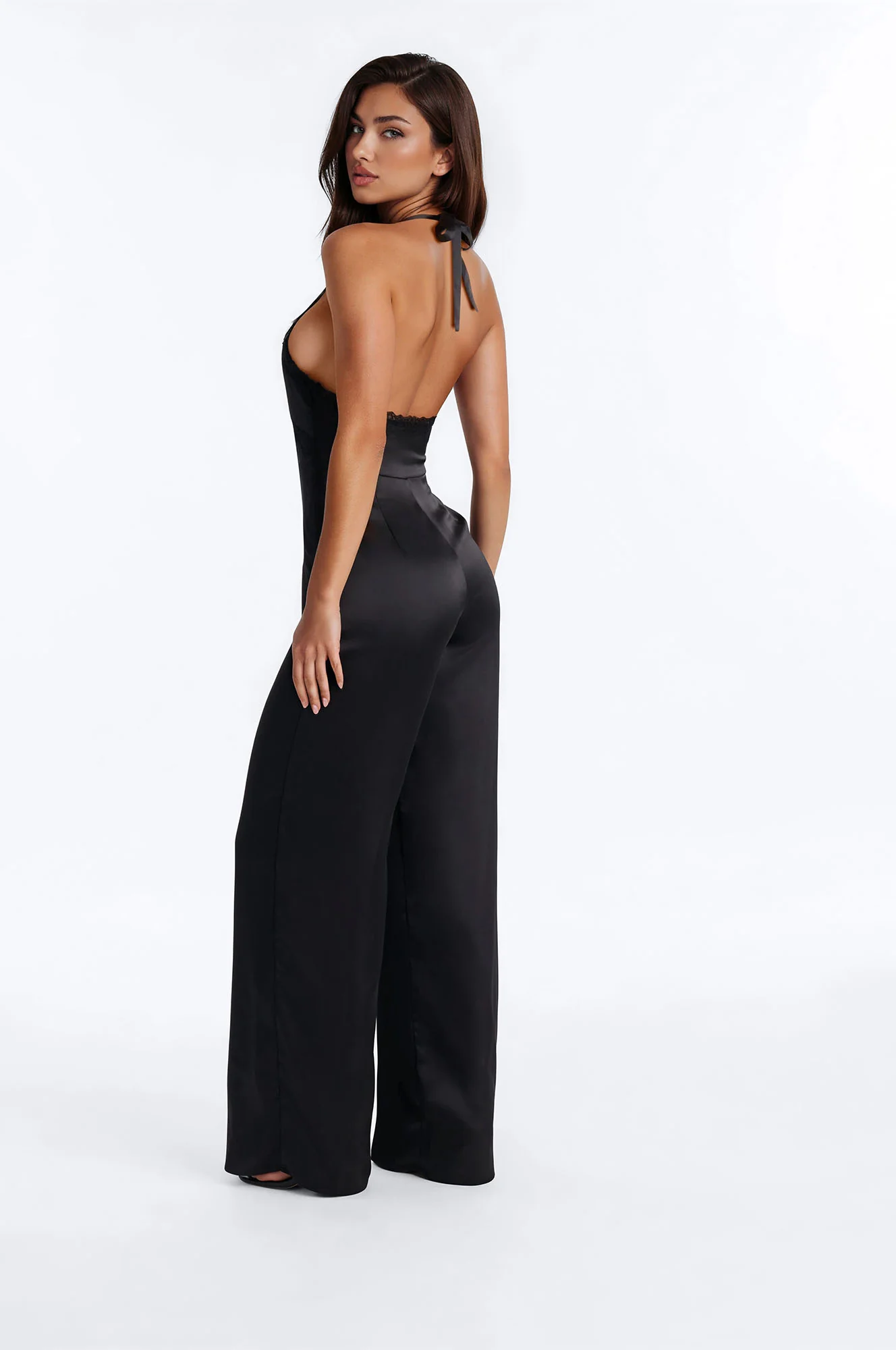 Lina Satin Lace Trim Jumpsuit - Black - Image 4
