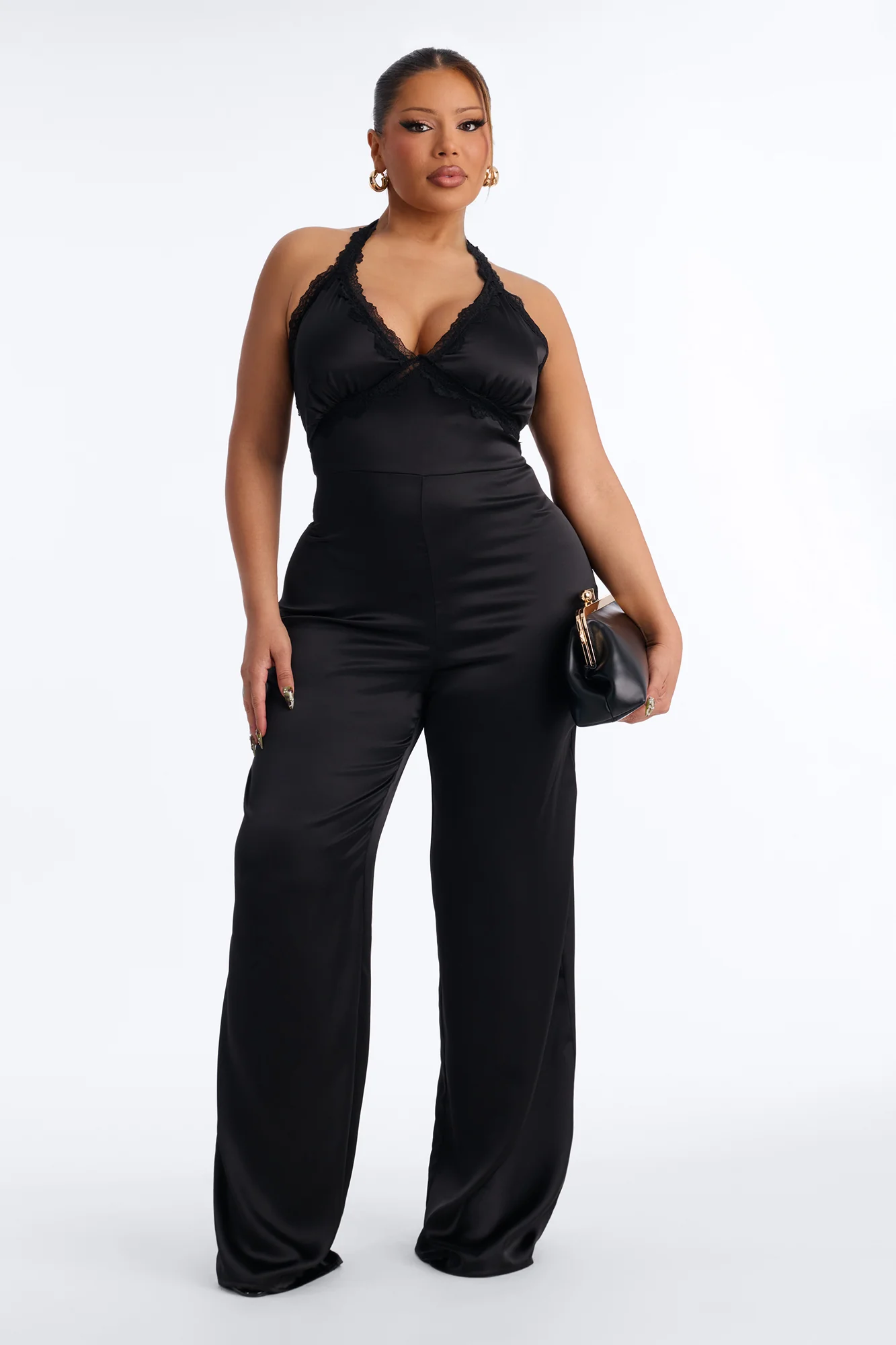 Lina Satin Lace Trim Jumpsuit - Black - Image 5