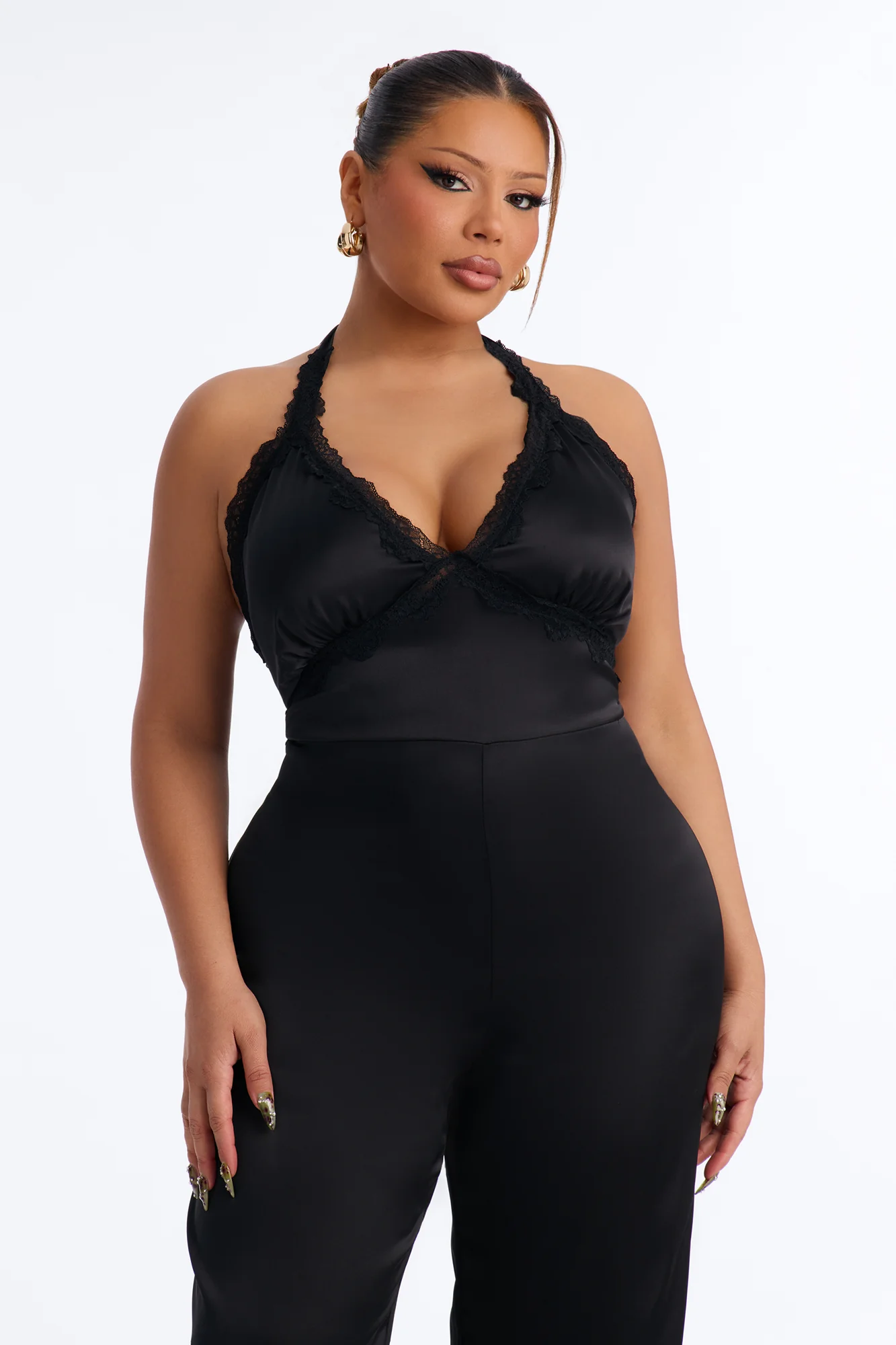 Lina Satin Lace Trim Jumpsuit - Black - Image 6