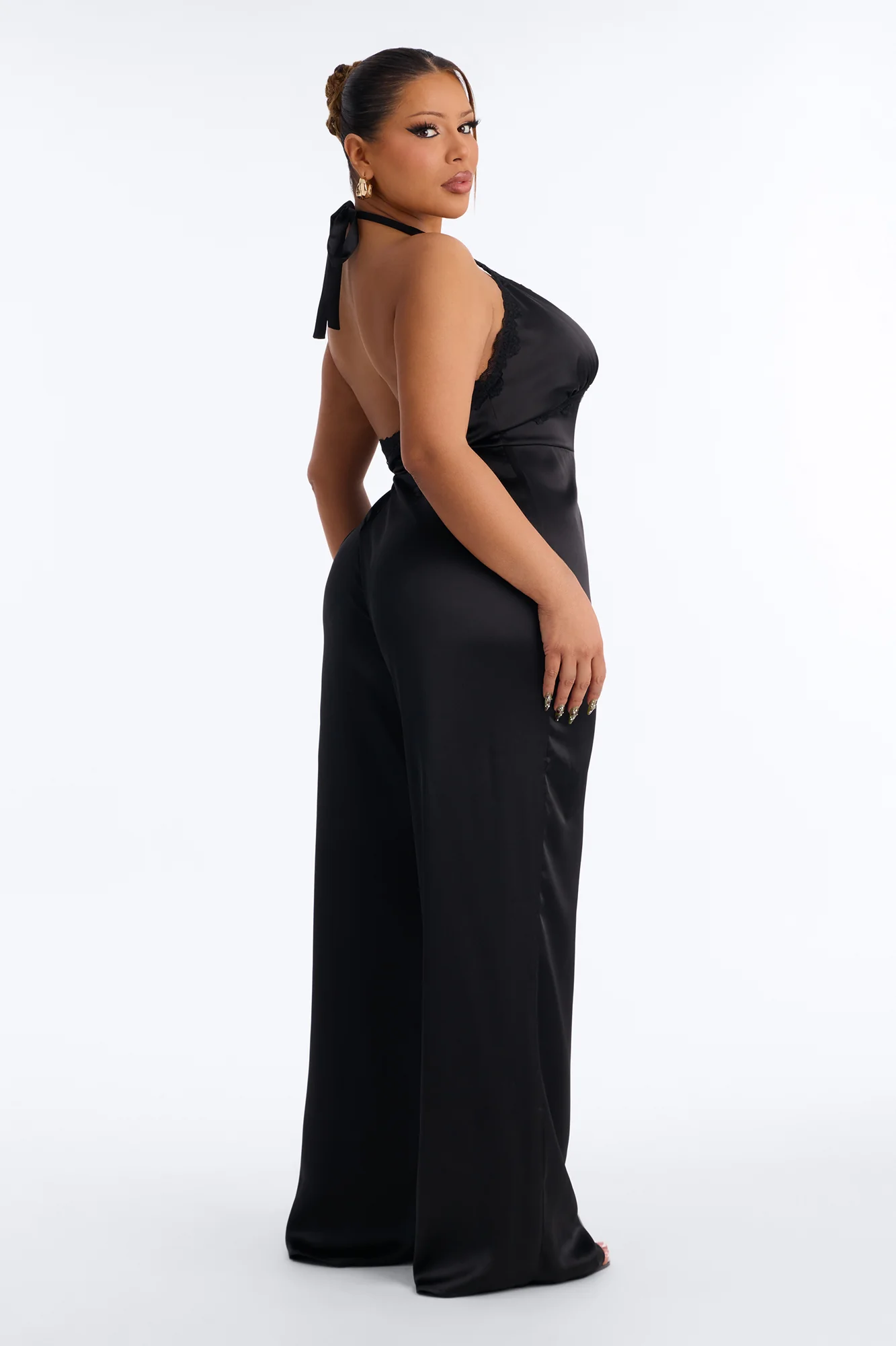 Lina Satin Lace Trim Jumpsuit - Black - Image 8