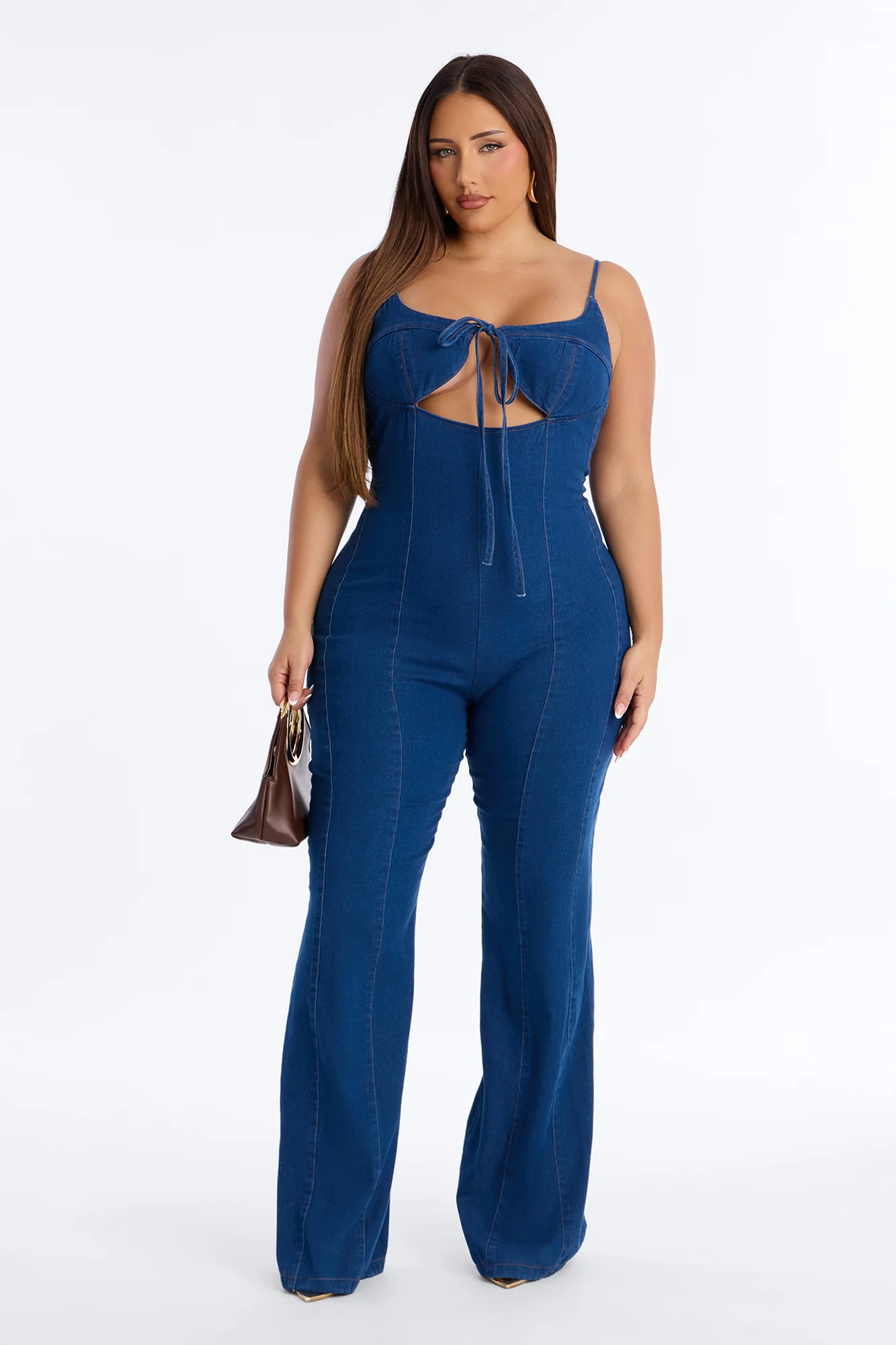 Linda Denim Flare Leg Jumpsuit - Medium Wash - Image 5