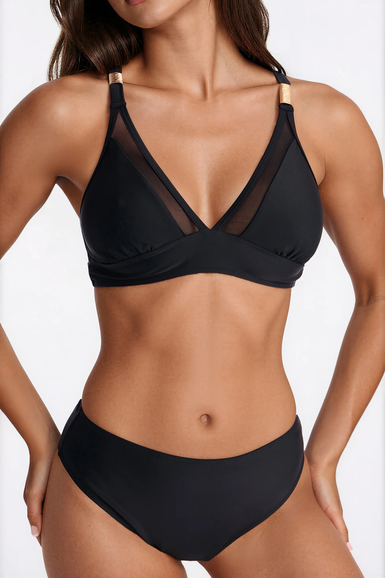 Lindsay Mesh 3 Piece Triangle Bikini & Mini Cover Up Skirt Sunsuit - Black - Image 3