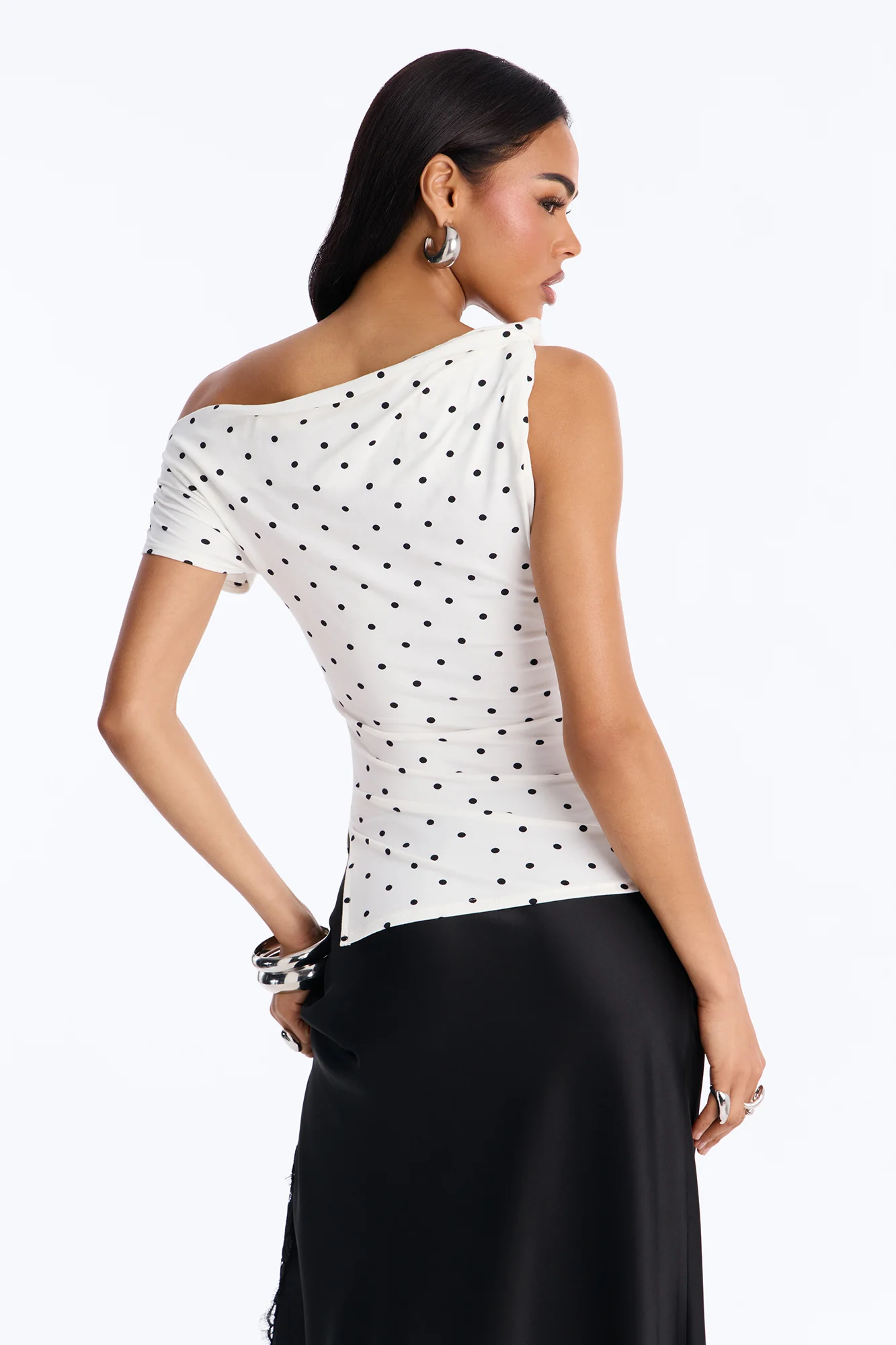 Liv Twist Off Shoulder Polka Dot Short Sleeve Top - White/Black - Image 4