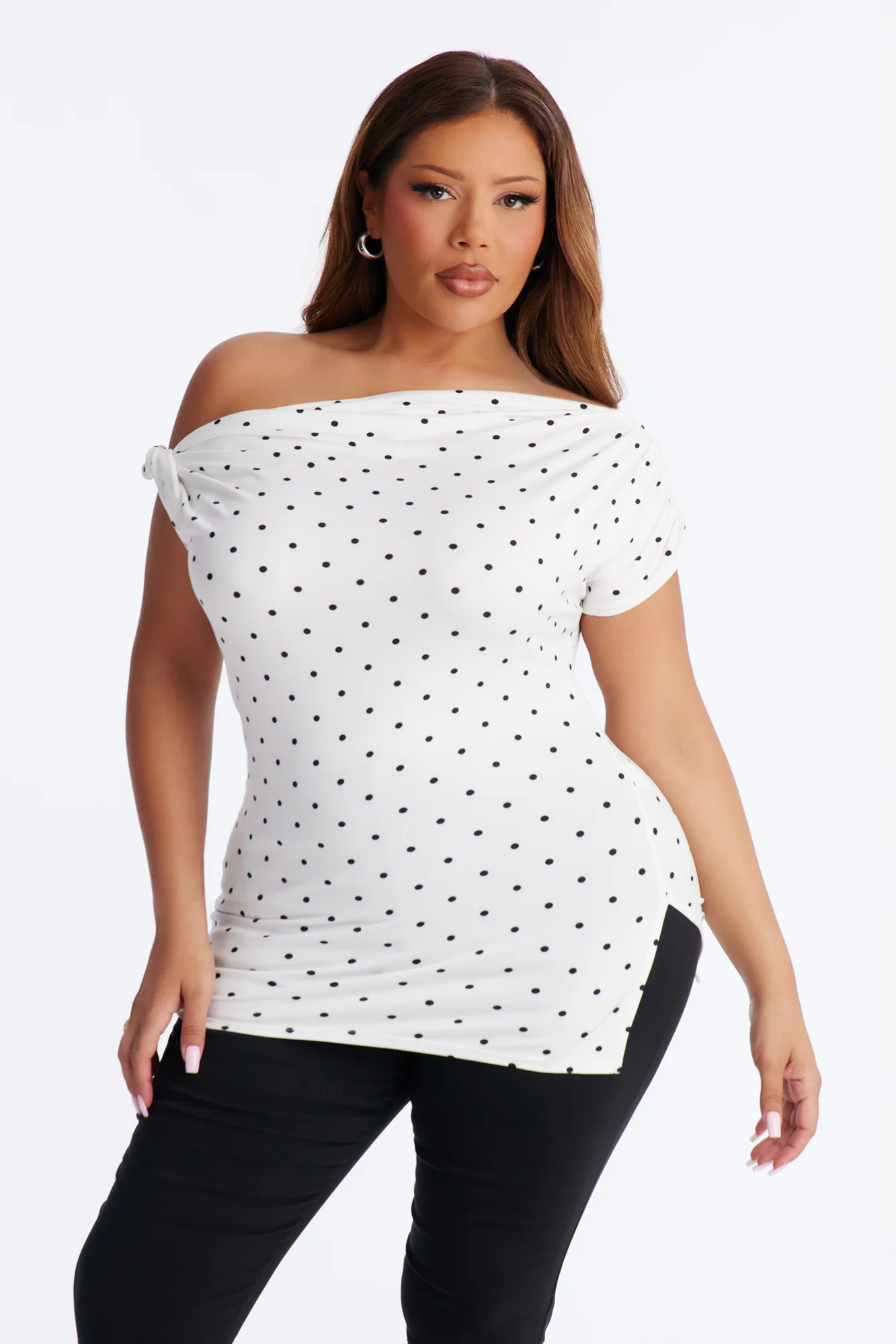 Liv Twist Off Shoulder Polka Dot Short Sleeve Top - White/Black - Image 6