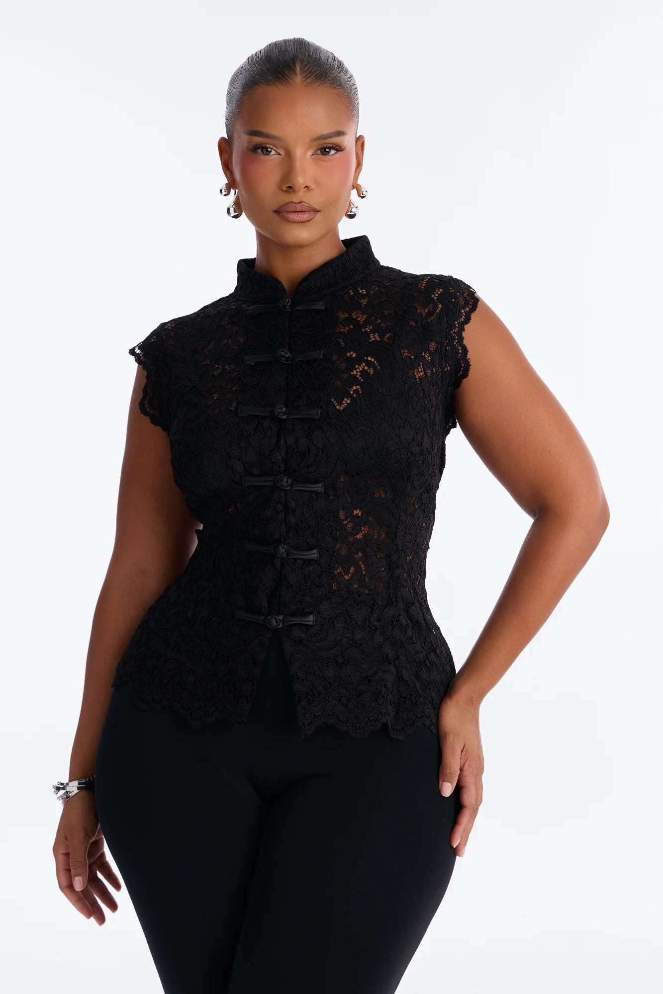 Lizette Lace Mock Neck Sleeveless Top - Black - Image 5
