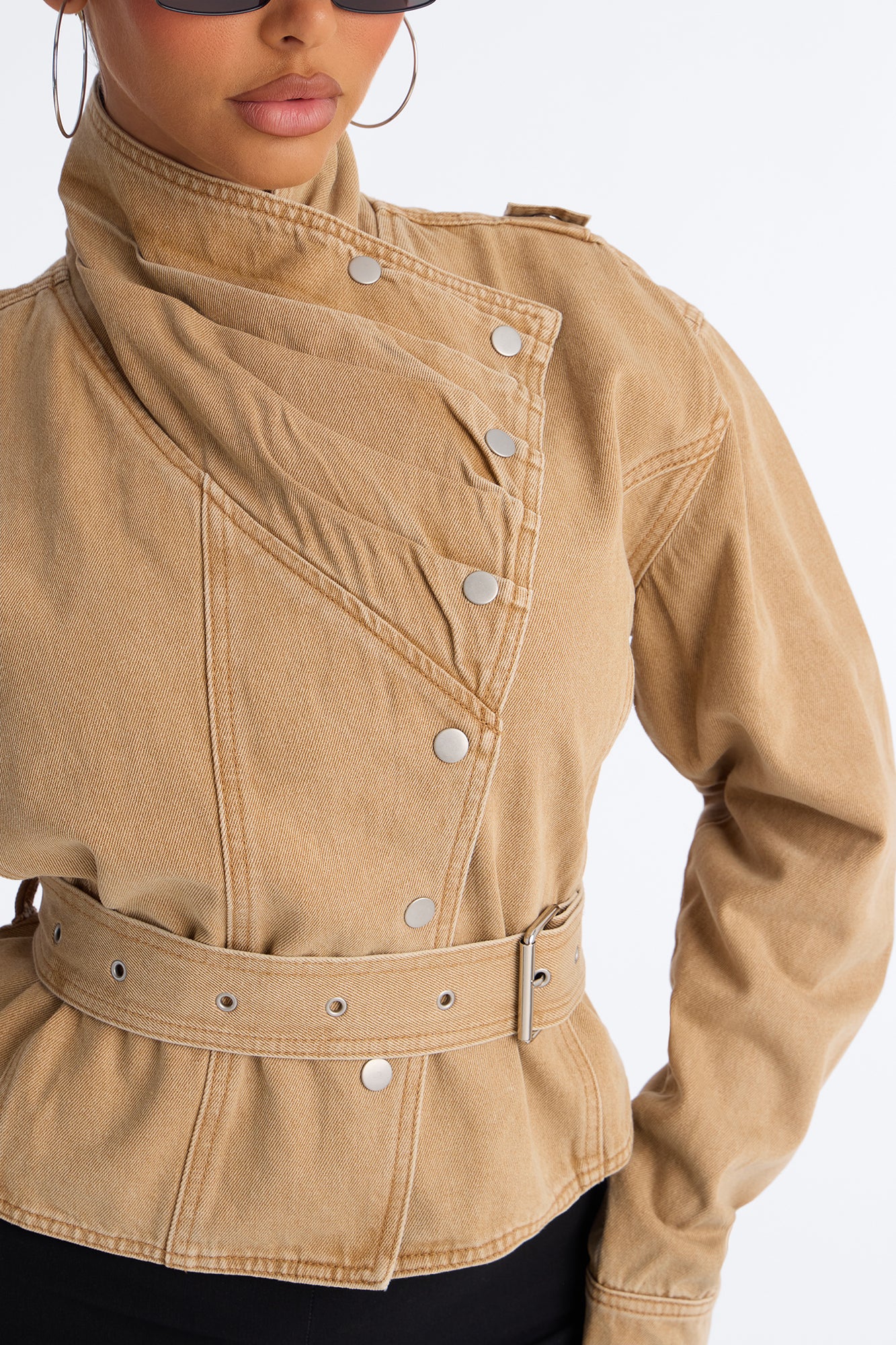 Éloane High Neck Belted Denim Jacket - Khaki - Image 3