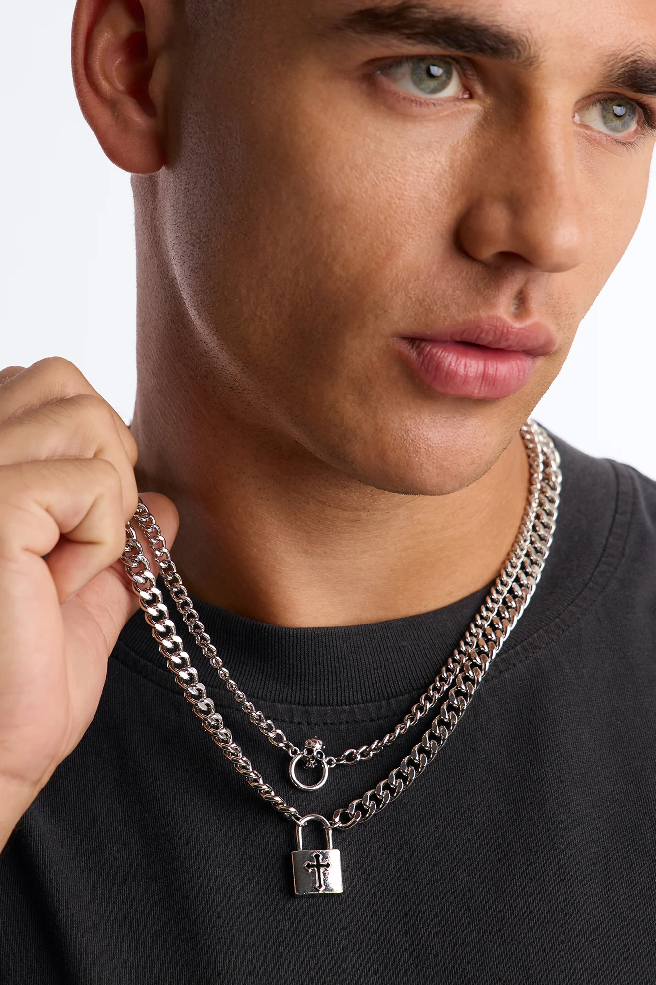 Lock Onto Faith Padlock Skull Necklace Set - Silver - Image 2
