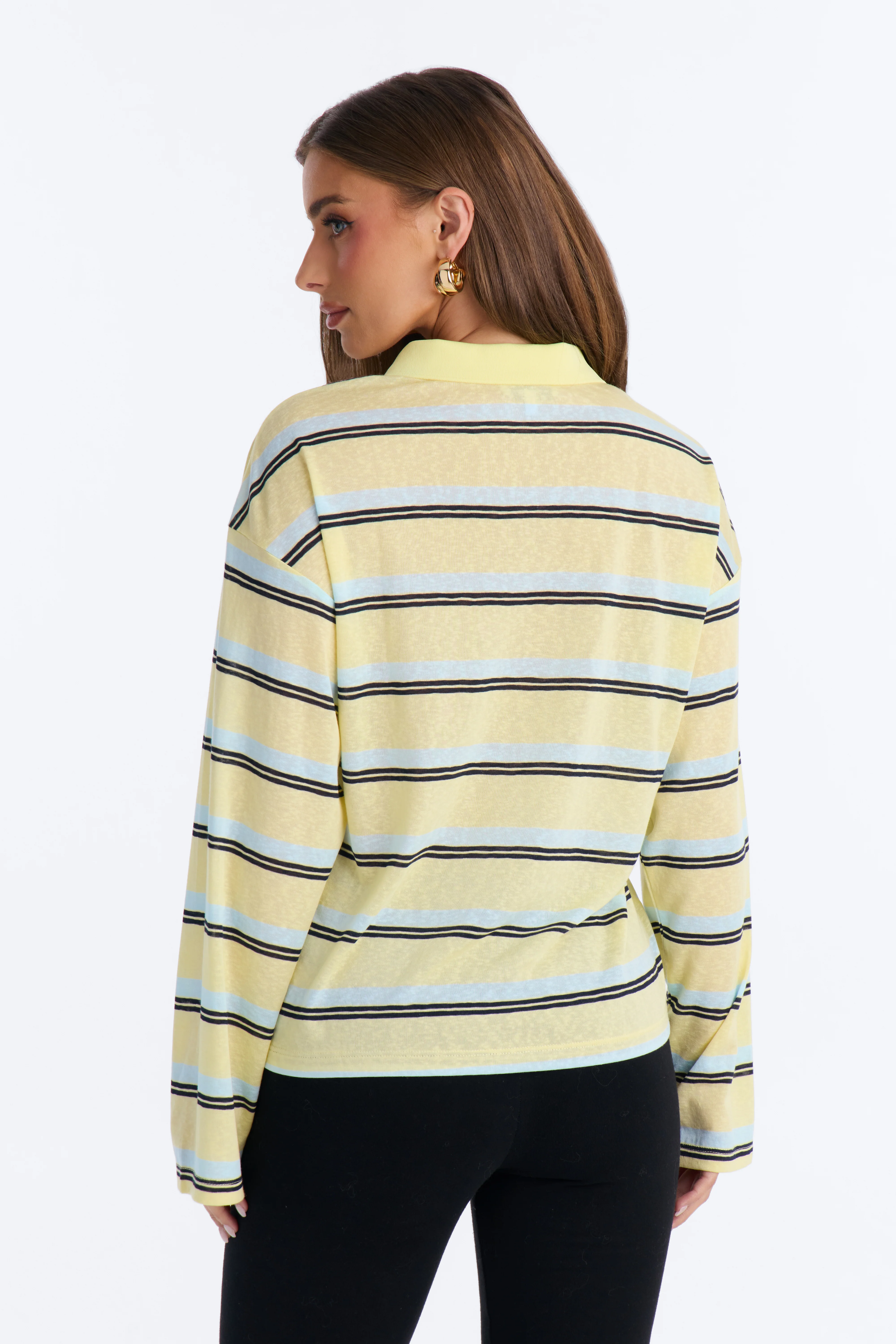 Lora Sheer Striped Long Sleeve Polo - Butter Yellow - Image 4