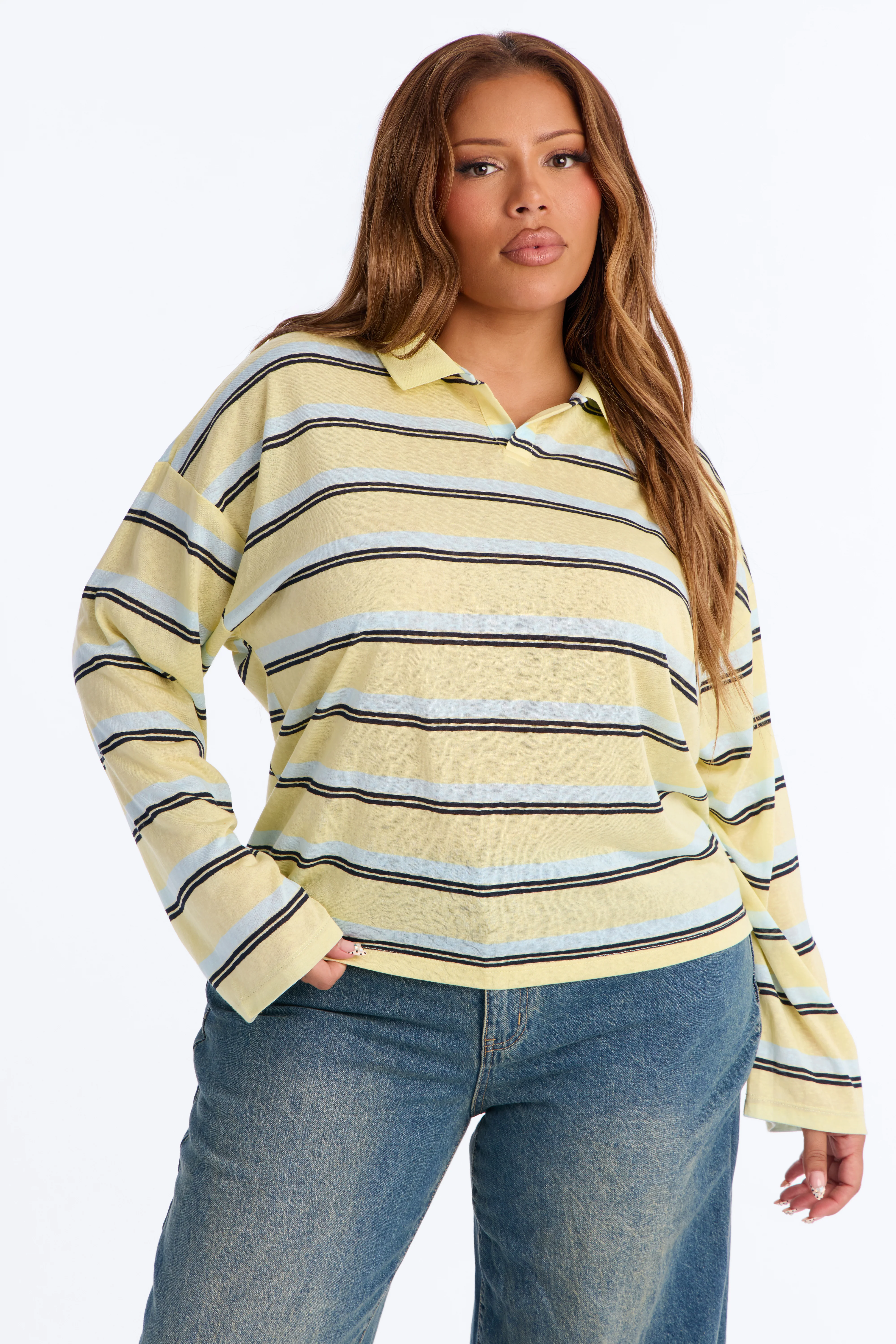 Lora Sheer Striped Long Sleeve Polo - Butter Yellow - Image 6