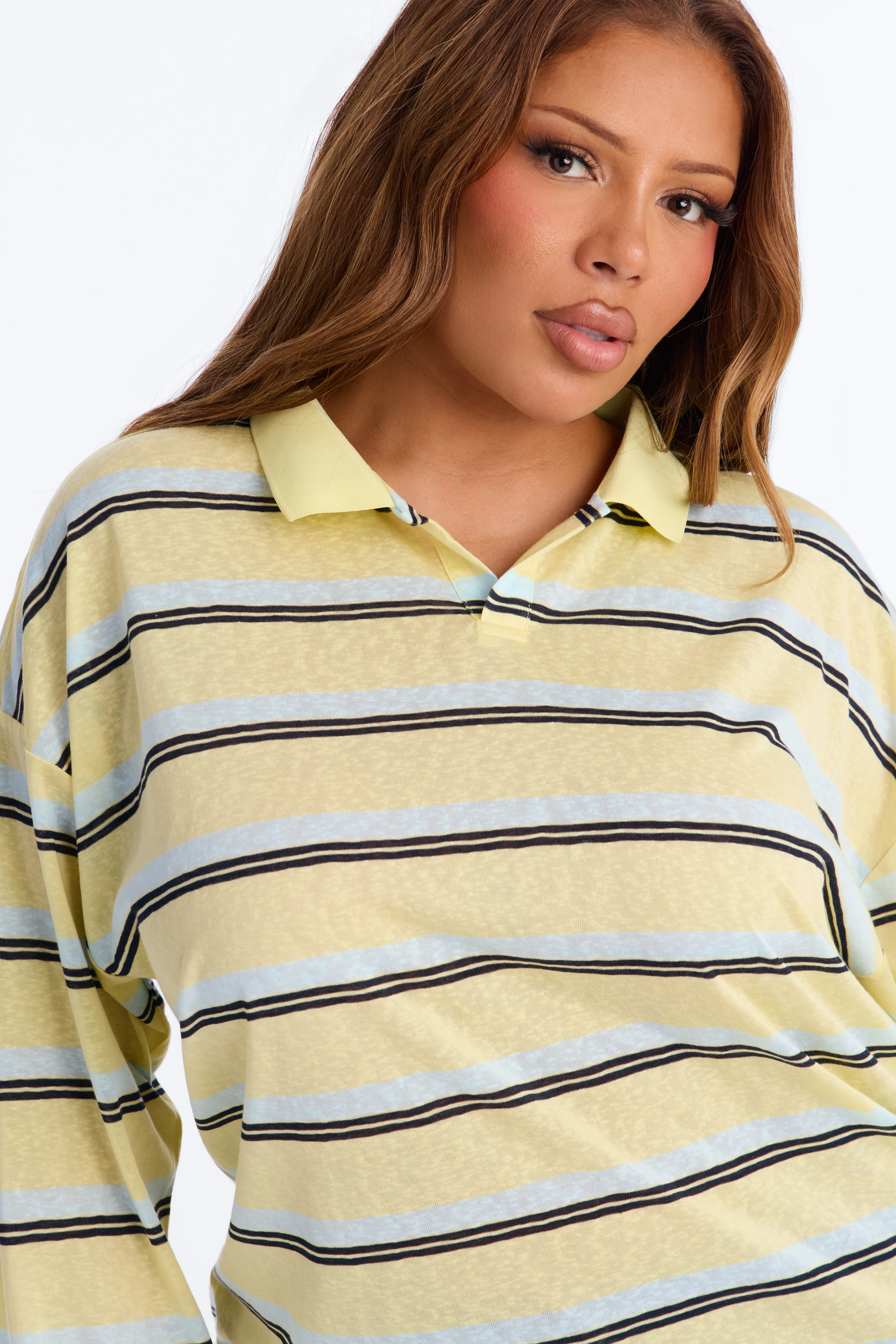 Lora Sheer Striped Long Sleeve Polo - Butter Yellow - Image 7