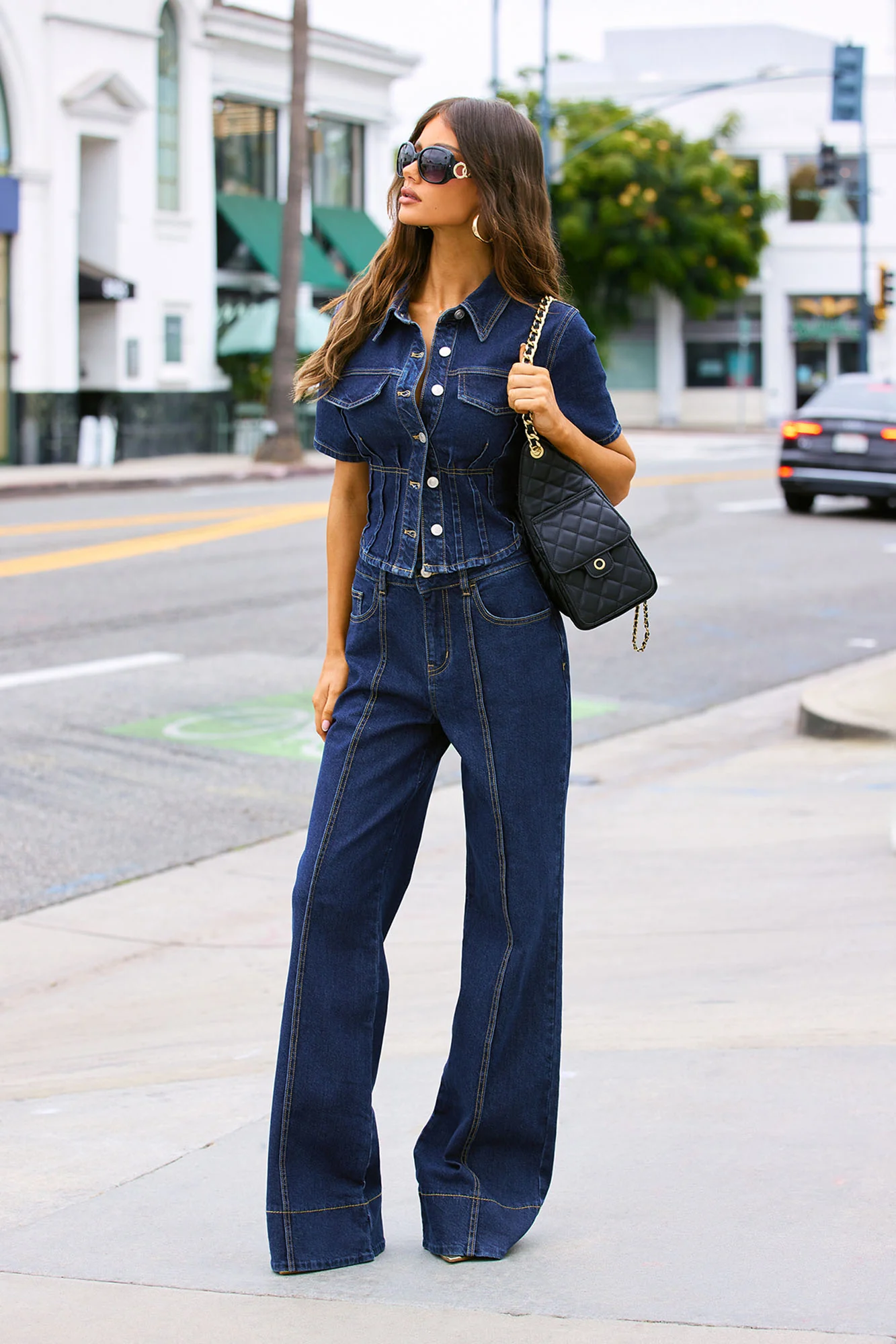 Lorie Denim Short Sleeve Flare Pant Set - DarkWash