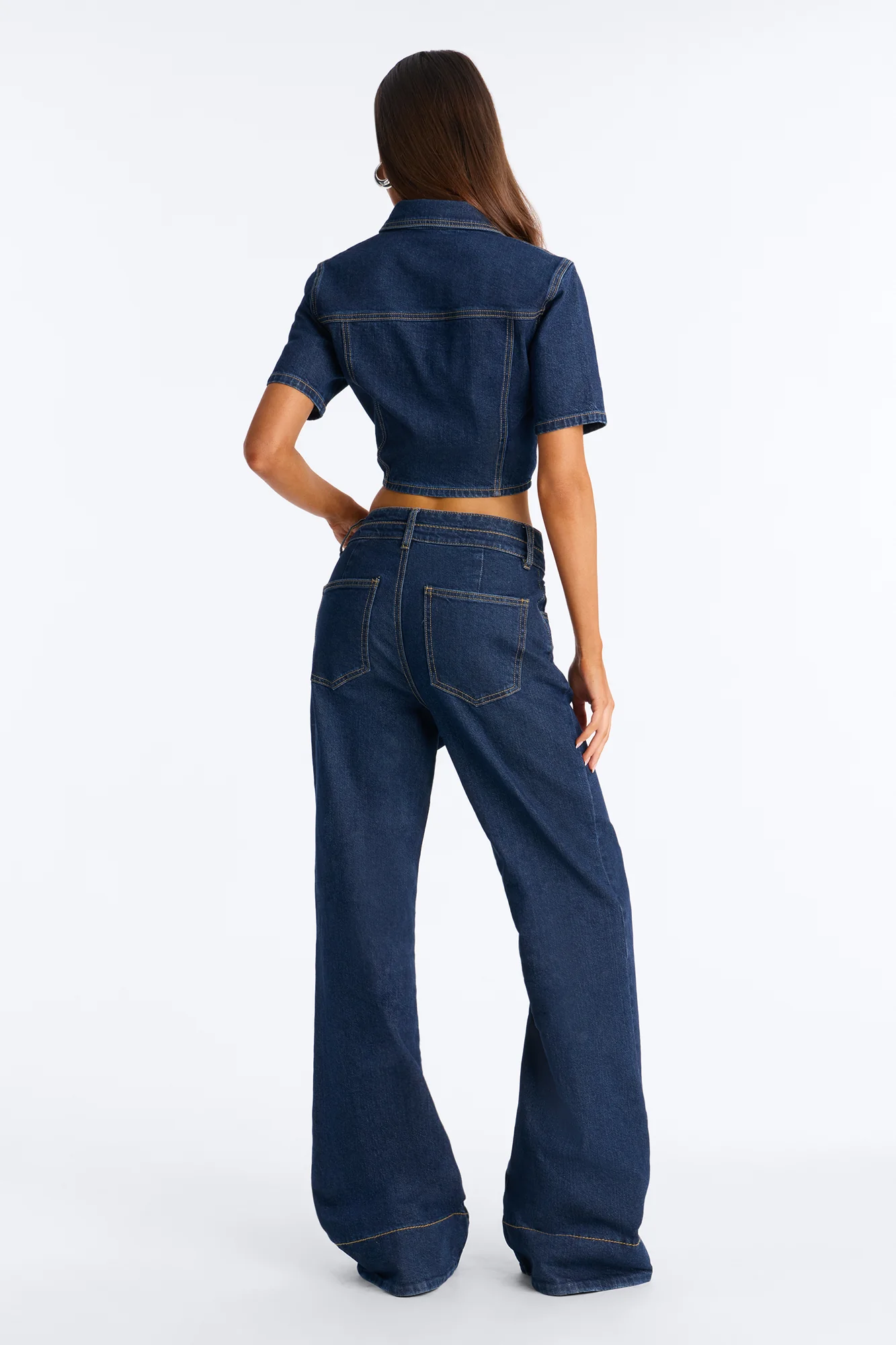 Lorie Denim Short Sleeve Flare Pant Set - DarkWash - Image 5