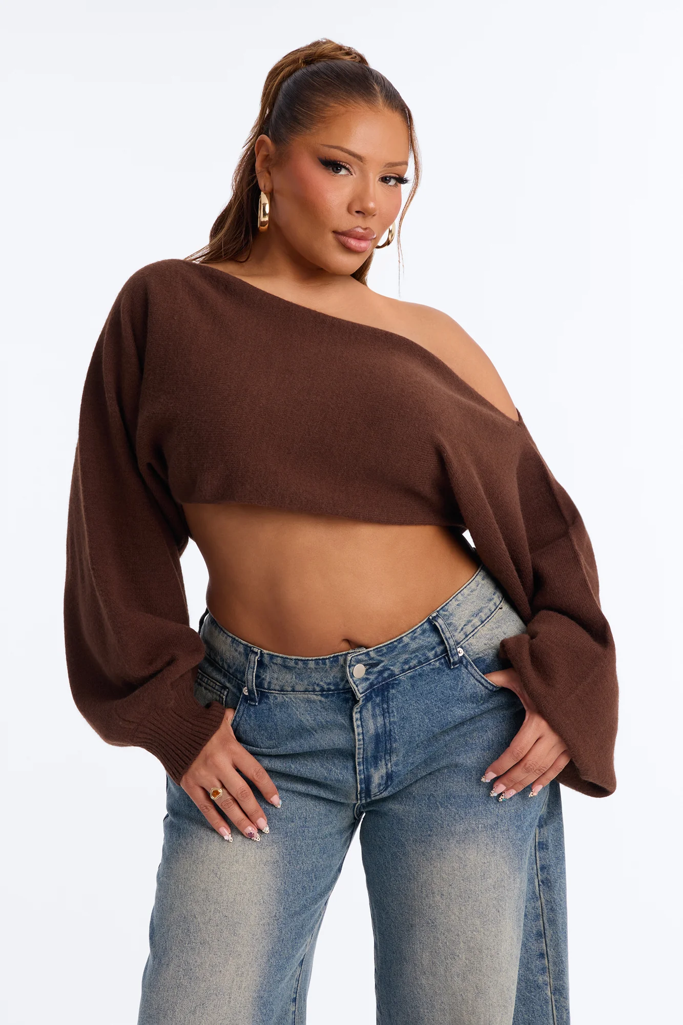 Love Away One Shoulder Sweater Top - Chocolate - Image 6