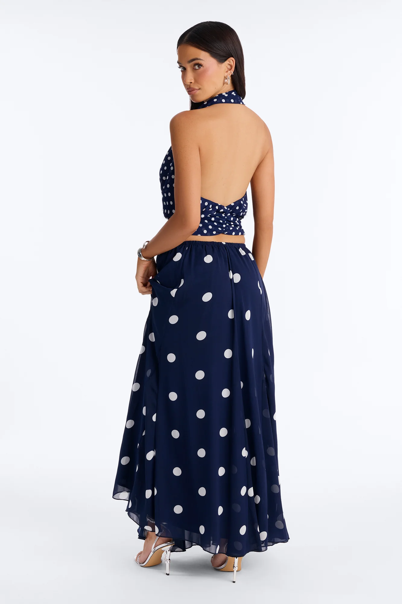 Lucia Chiffon Polka Dot Halter Maxi Skirt Set - Navy - Image 4
