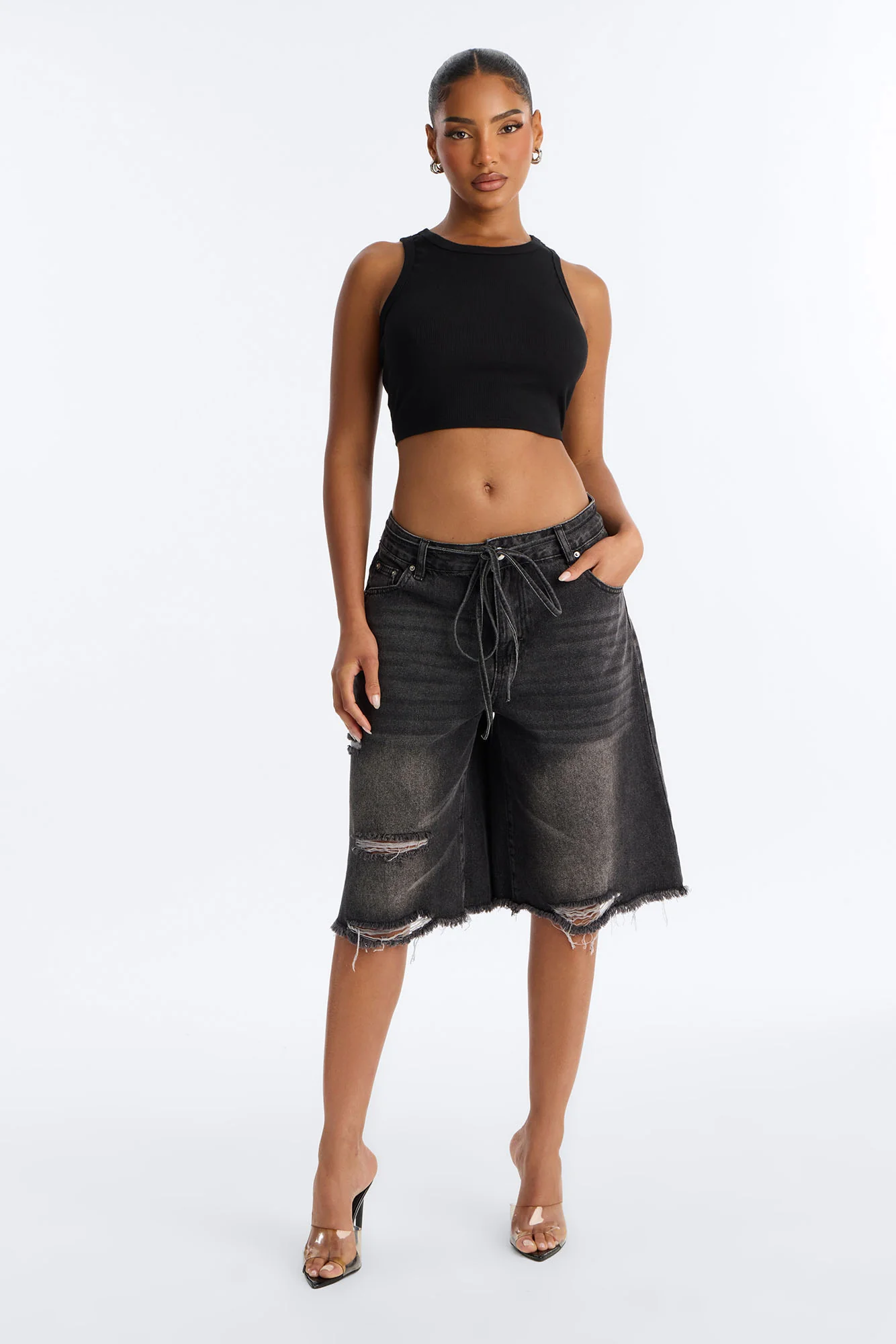 Ludlow Tie Waist Ripped Denim Jorts - Black Wash