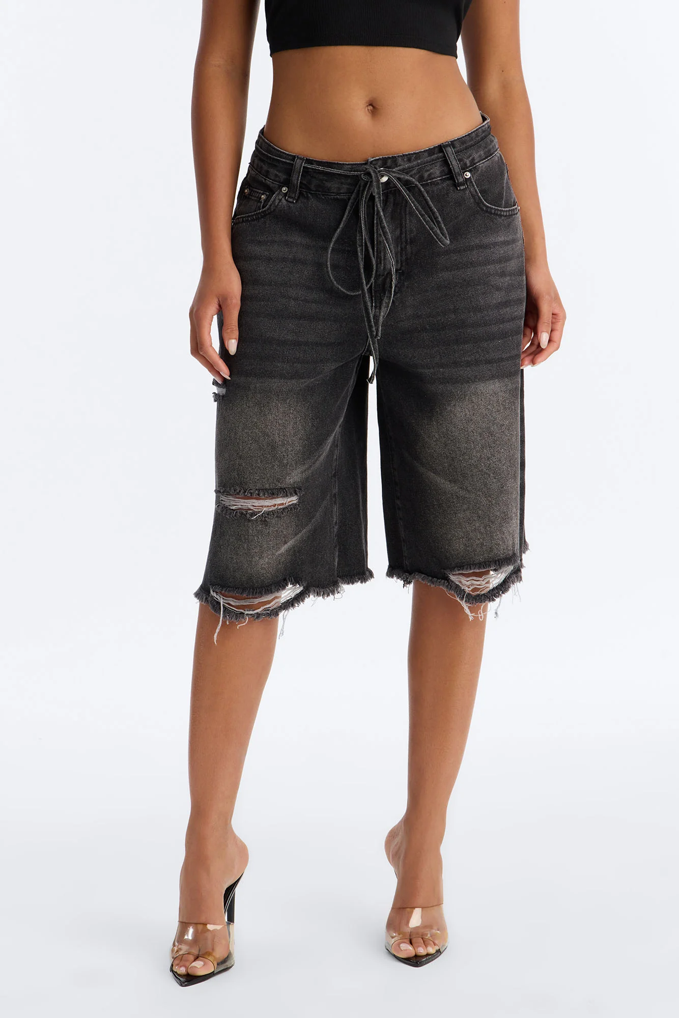 Ludlow Tie Waist Ripped Denim Jorts - Black Wash - Image 2