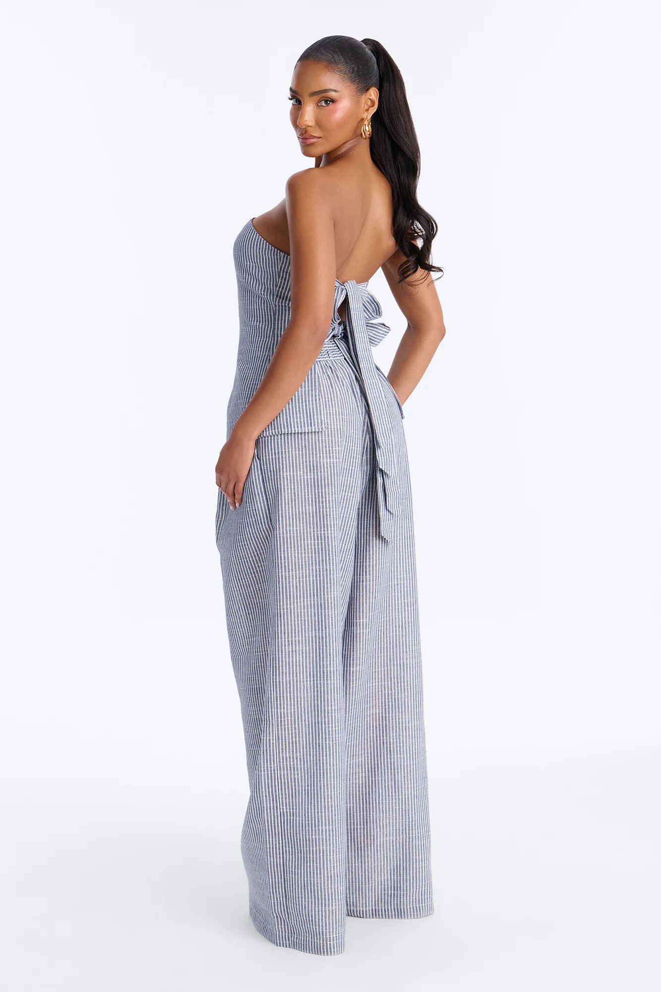 Luella Strapless Striped Linen Pant Set - White/Blue - Image 3