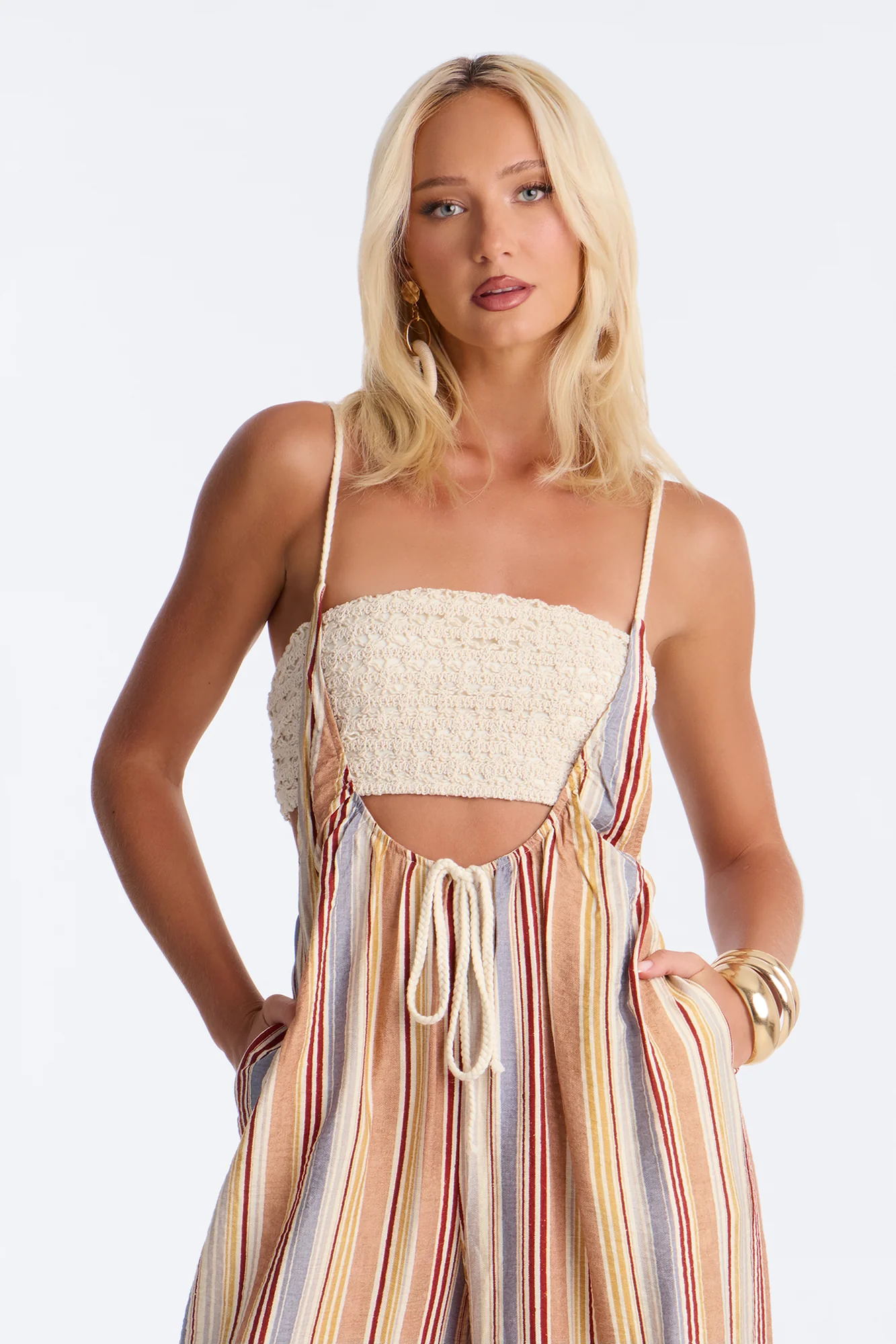 Luna Linen Wide Leg 2 Piece Jumpsuit - Cream/combo - Image 2