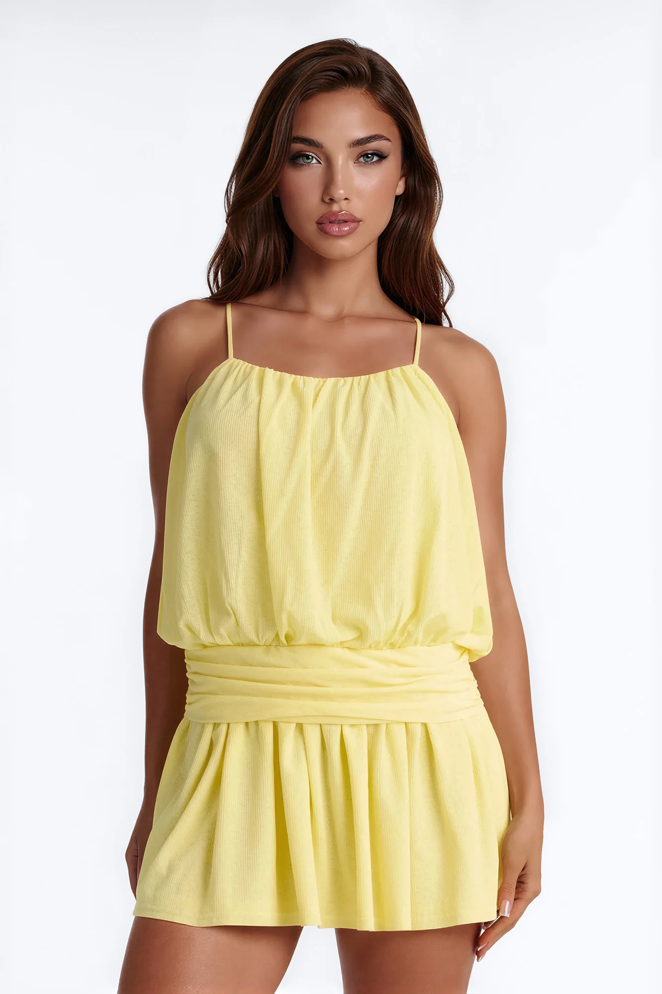 Luna Spaghetti Strap Textured Mini Dress - Yellow