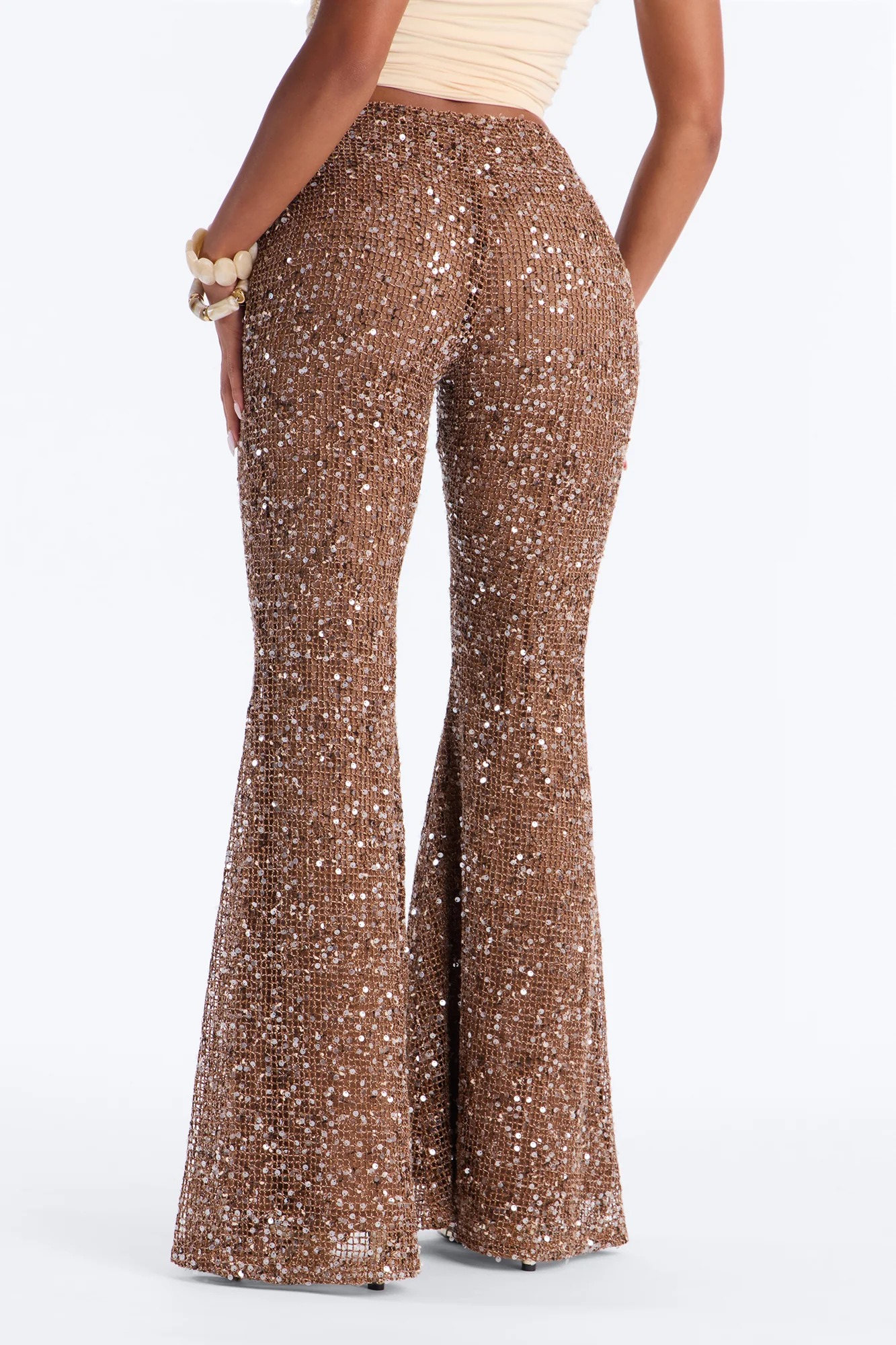Lyra Low Rise Crochet Sequin Flare Pant - Bronze - Image 4