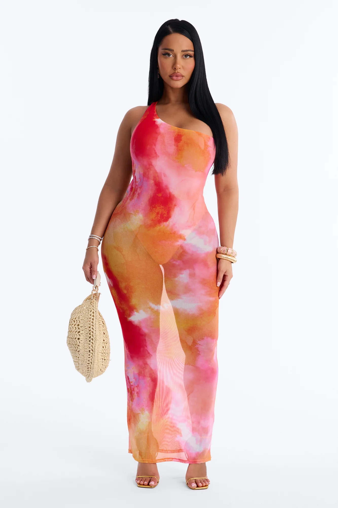 Macy One Shoulder Sheer Maxi Dress - Orange/combo - Image 2