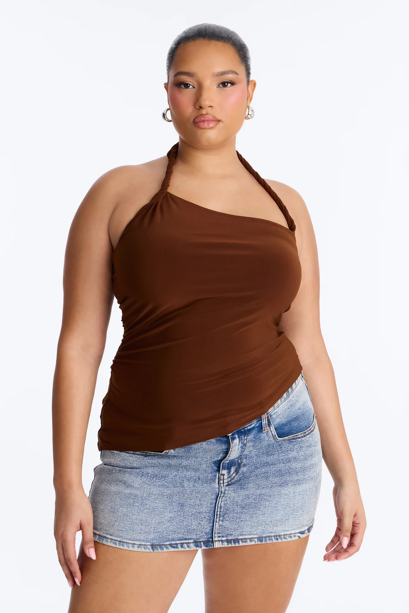 Maddy Asymmetrical Twist Ruched Halter Top - Brown - Image 5