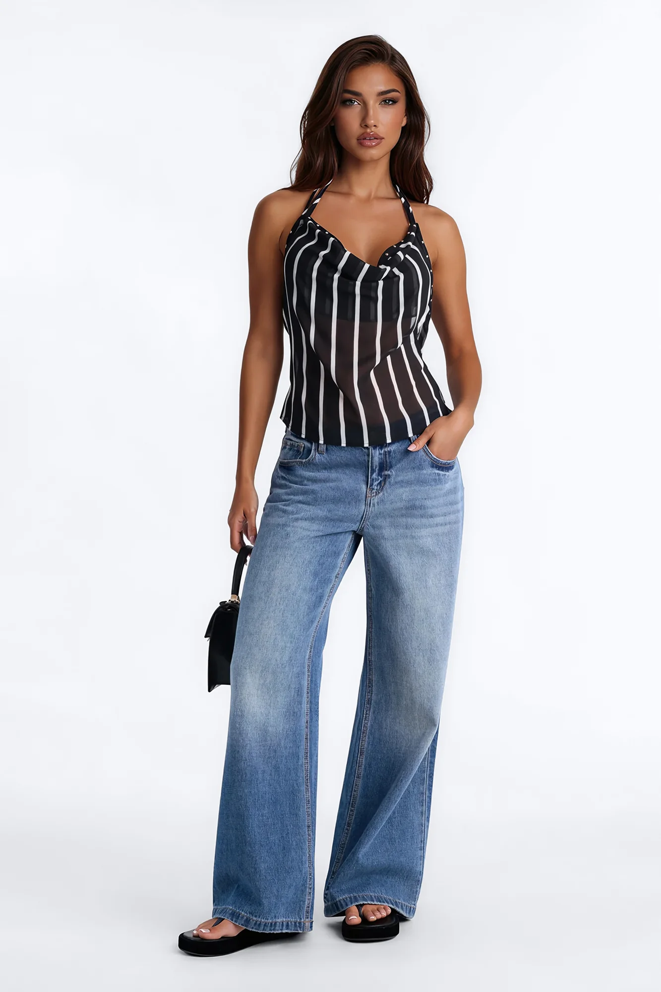 Madelyn Studded Stripe Chiffon Halter Top - Black/combo - Image 2