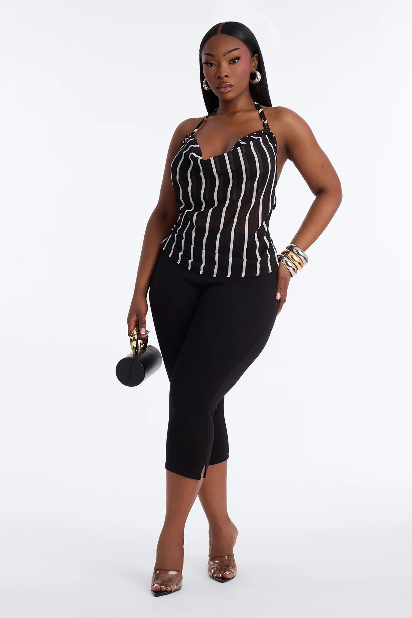 Madelyn Studded Stripe Chiffon Halter Top - Black/combo - Image 5