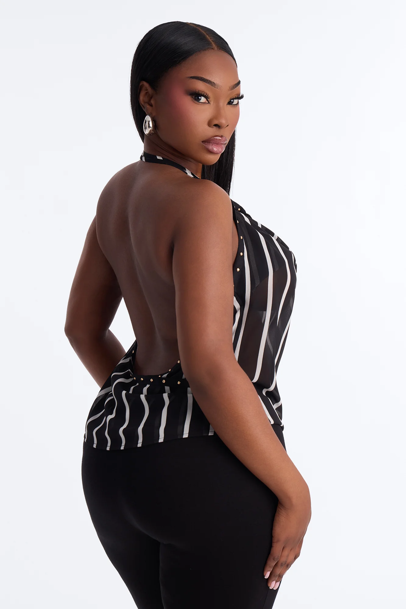 Madelyn Studded Stripe Chiffon Halter Top - Black/combo - Image 8