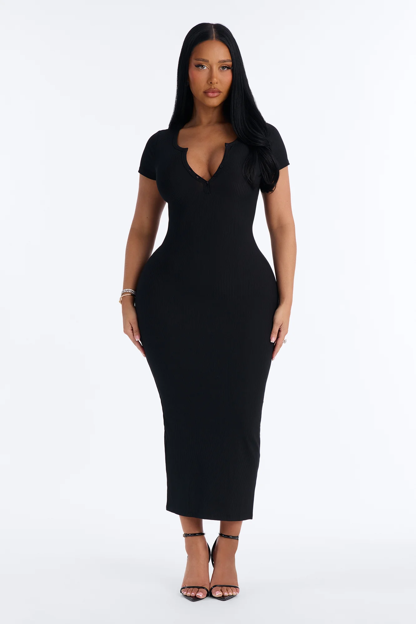 Madison Short Sleeve Midi Dresses - Black