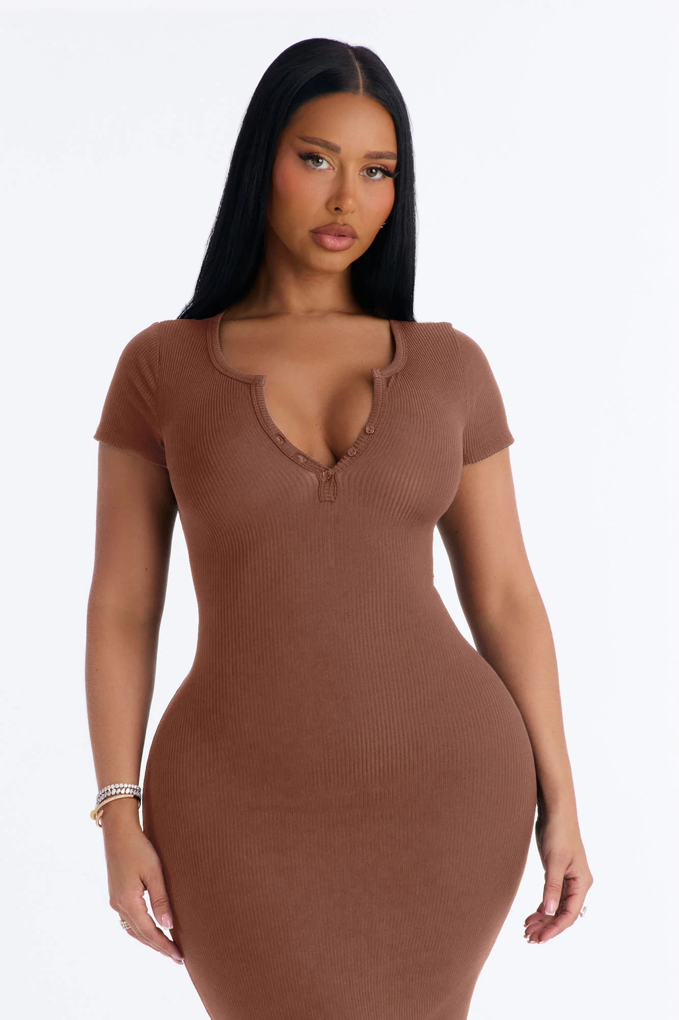 Madison Short Sleeve Midi Dresses - Brown - Image 2
